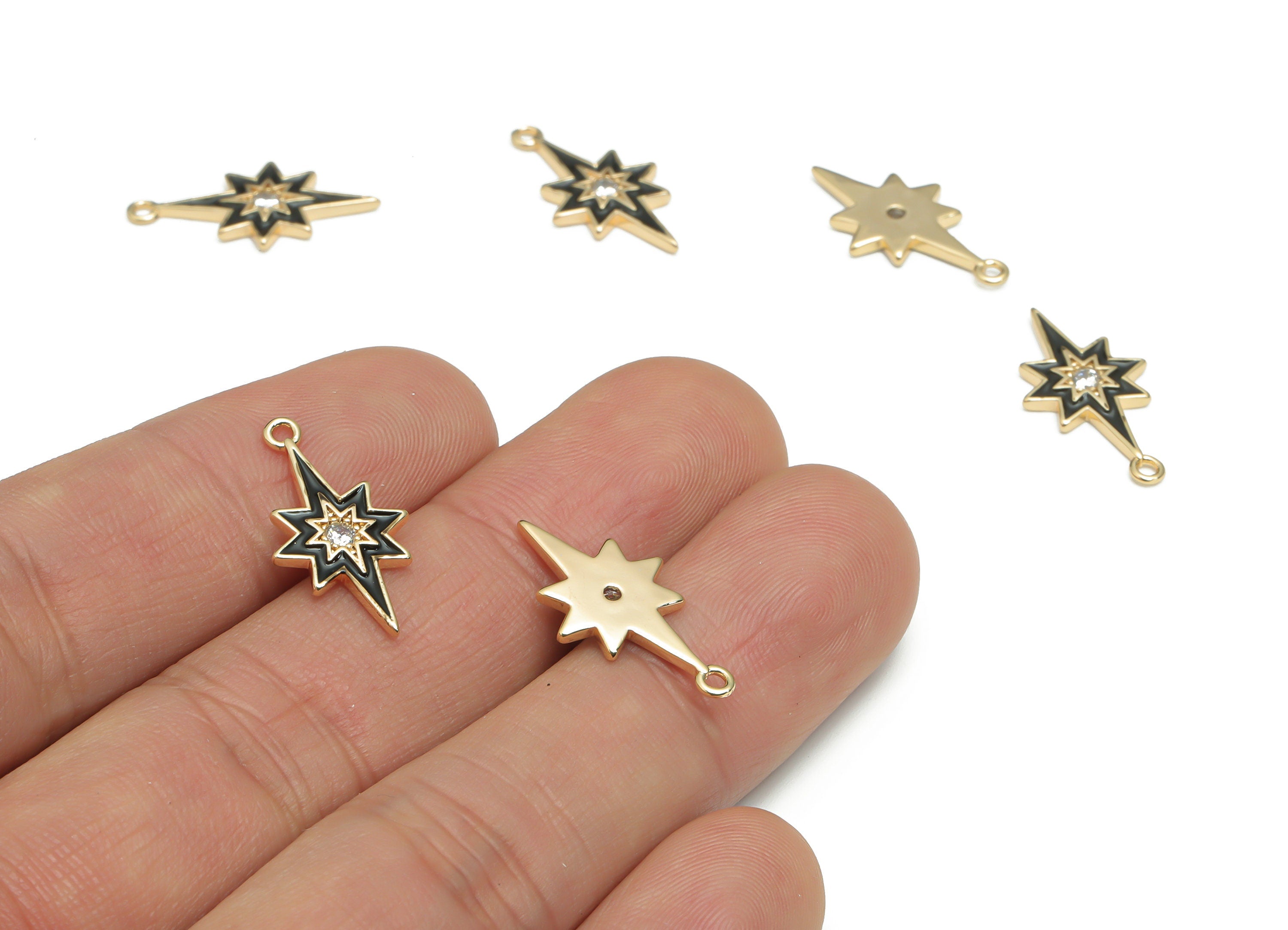 Brass Planet Earring Charms With Zincons - Enamel Gold Star Pendant - 18K Real Gold Plated - Jewelry Supplies - 21.06x10.83x1.6mm - RGP4296C - DOMEDBAZAAR