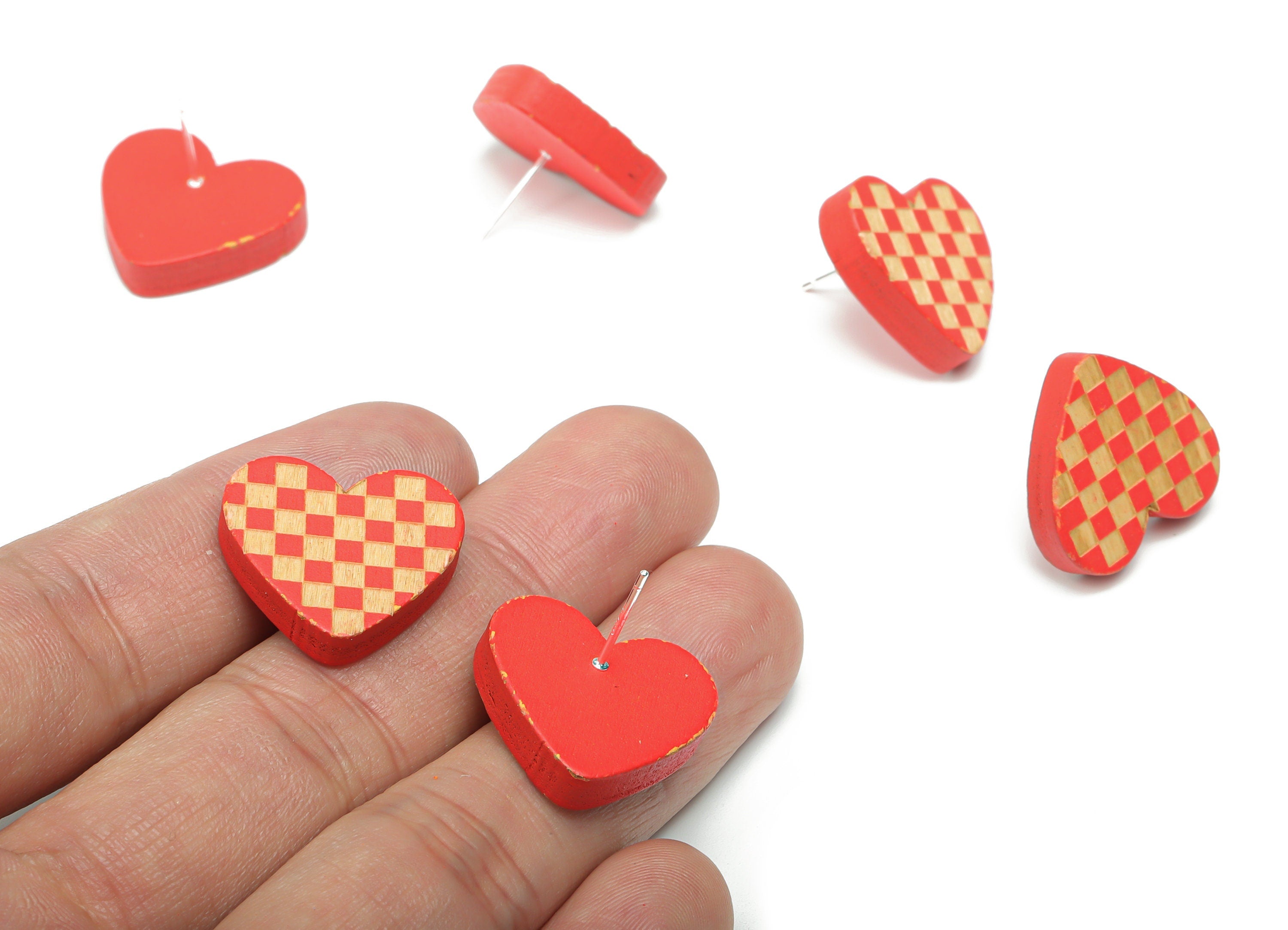 Poplar Plywood Tattersall Heart Earring Stud - Poplar Plywood Heart Earring Post - Silver Plated Brass Stud - 20.78x18.88x4.56mm - BB1150C - DOMEDBAZAAR