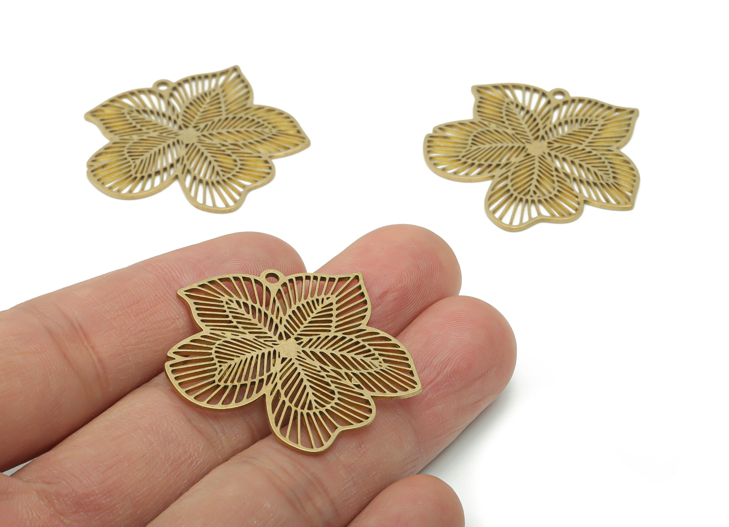 Brass Hollow Leafs Earring Charms - Raw Brass Leafs Pendant - Jewelry Making Supplies - 35.28x33.86x0.84mm - PPA1602 - DOMEDBAZAAR