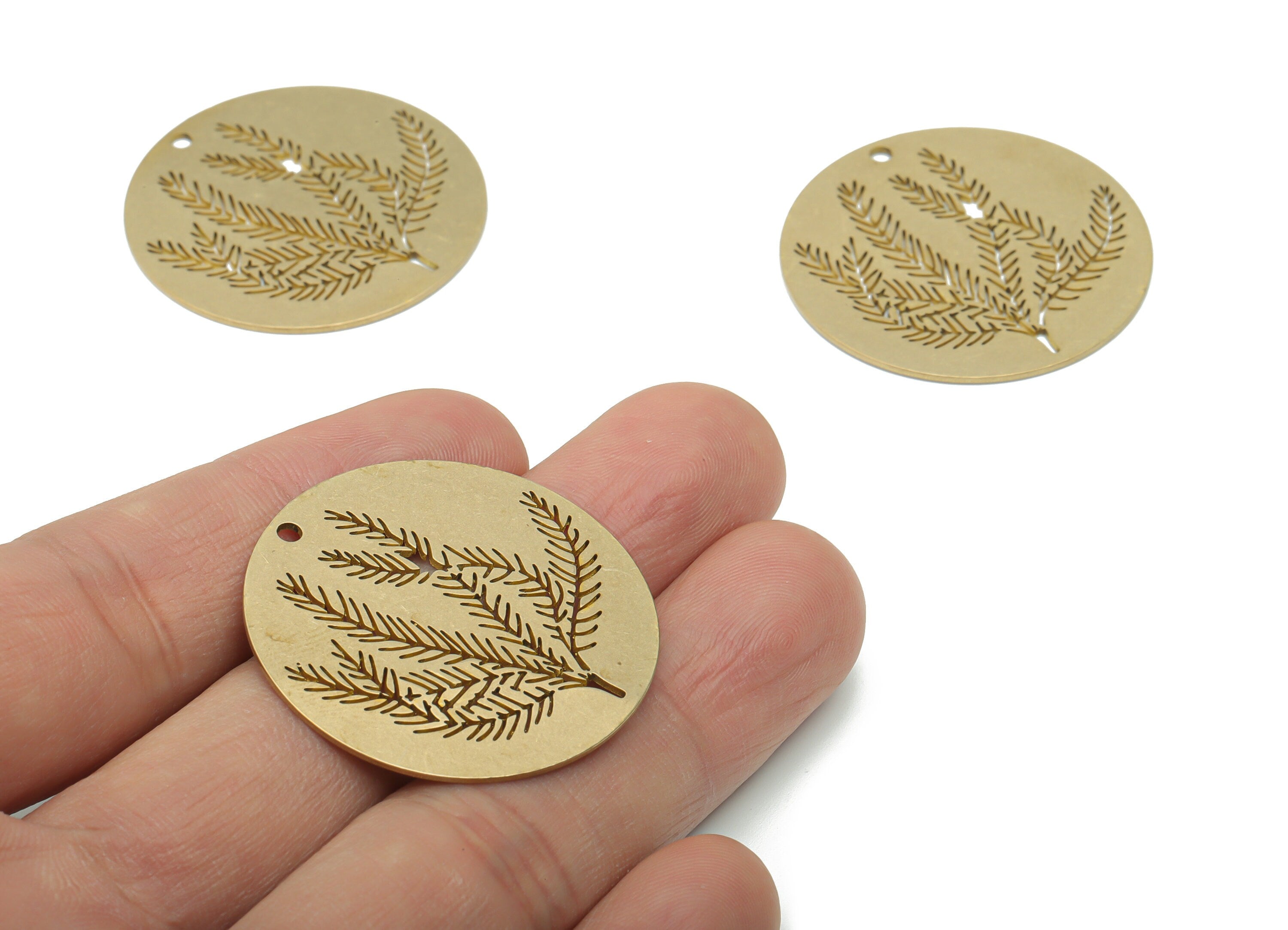 Brass Round Branch Earring Charms - Raw Brass Grass Circle Pendant - Jewelry Making Supplies - 34.81x34.81x0.74mm - PPA1426 - DOMEDBAZAAR