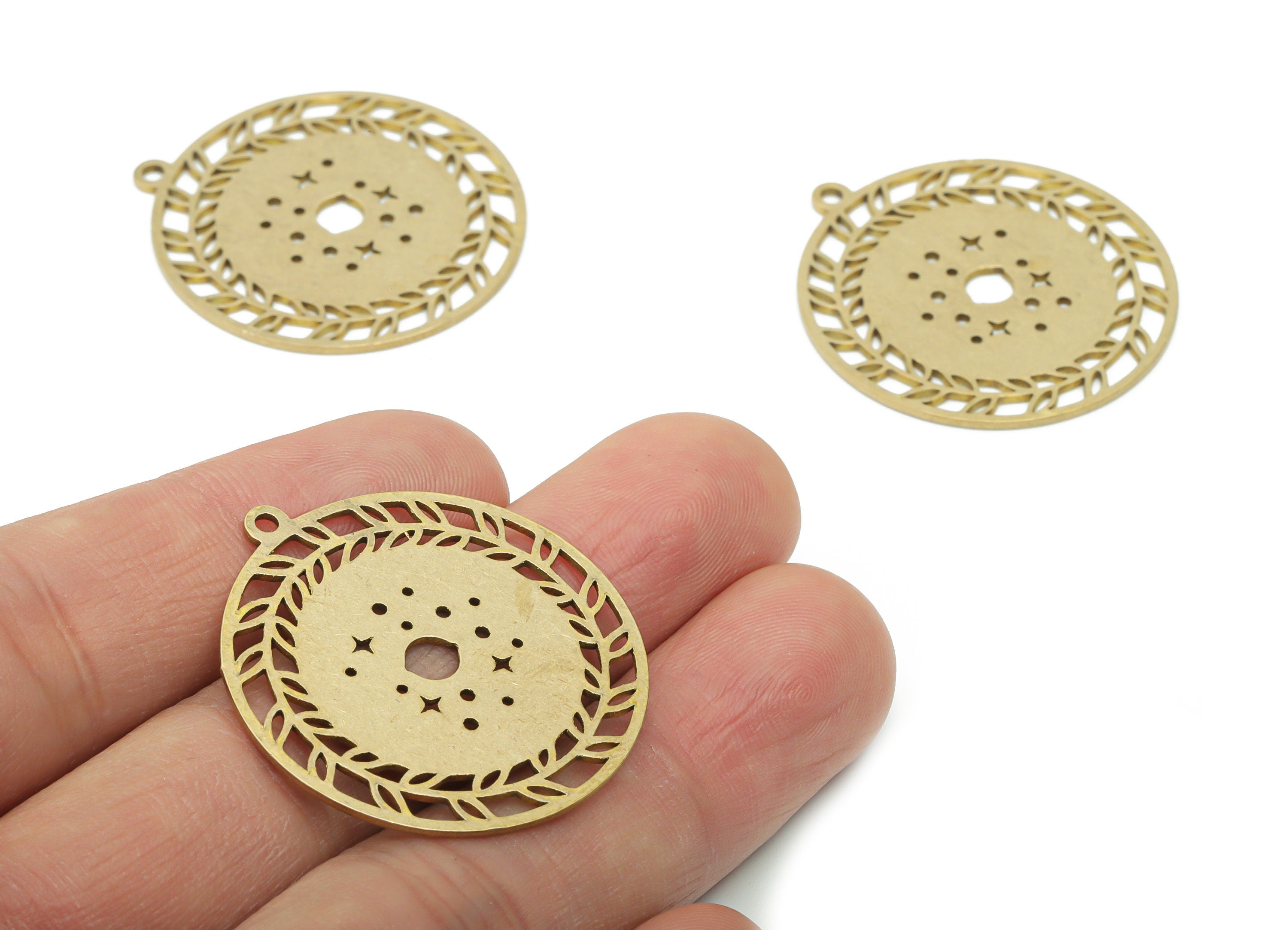 Brass Round Branch Star Earring Charms - Raw Brass Planet Circle Pendant - Jewelry Making Supplies - 34.73x31.98x0.84mm - PPA1290 - DOMEDBAZAAR