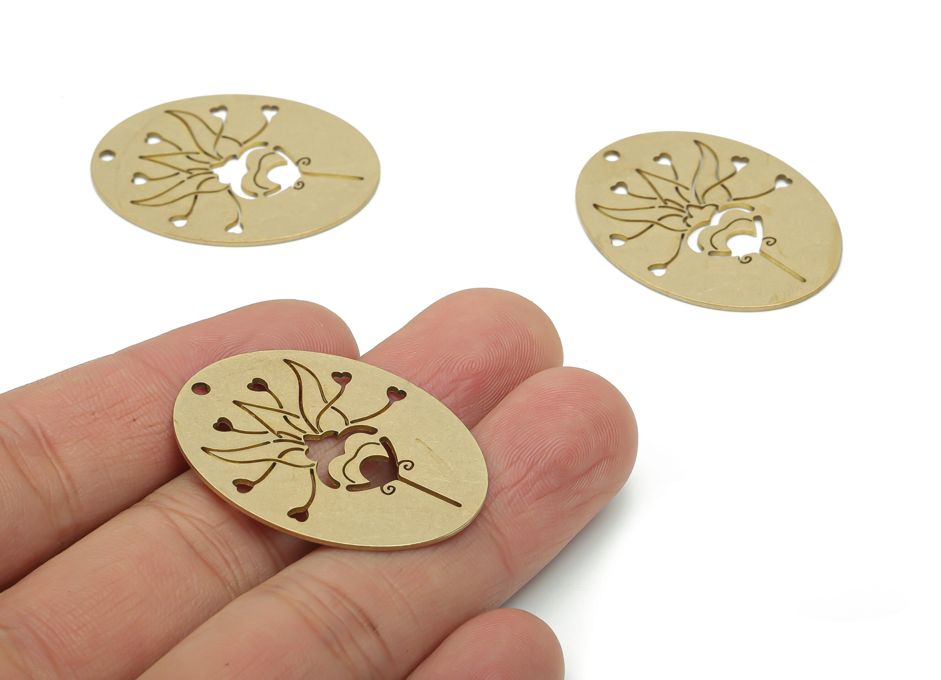 Brass Oval Flower Earring Charms - Raw Brass Flower Oval Pendant - DIY Jewelry Making Supplies - 35.82x27.08x0.77mm - PPA1688 - DOMEDBAZAAR