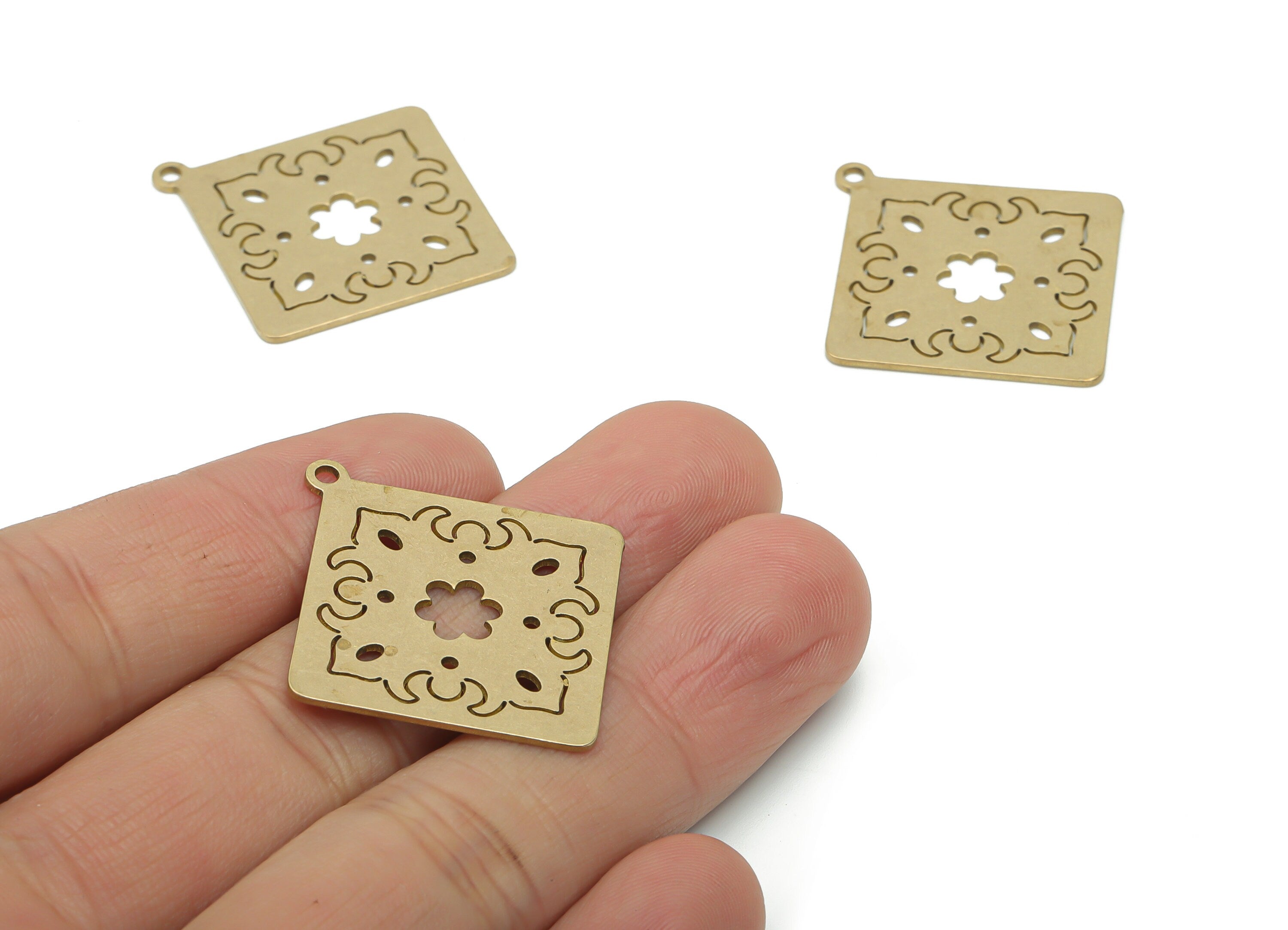 Brass Square Flower Earring Charms - Raw Brass Flower Square Anatolian Art Pendant - Jewelry Making Supplies - 35.72x33.34x0.76mm - PPA1713 - DOMEDBAZAAR