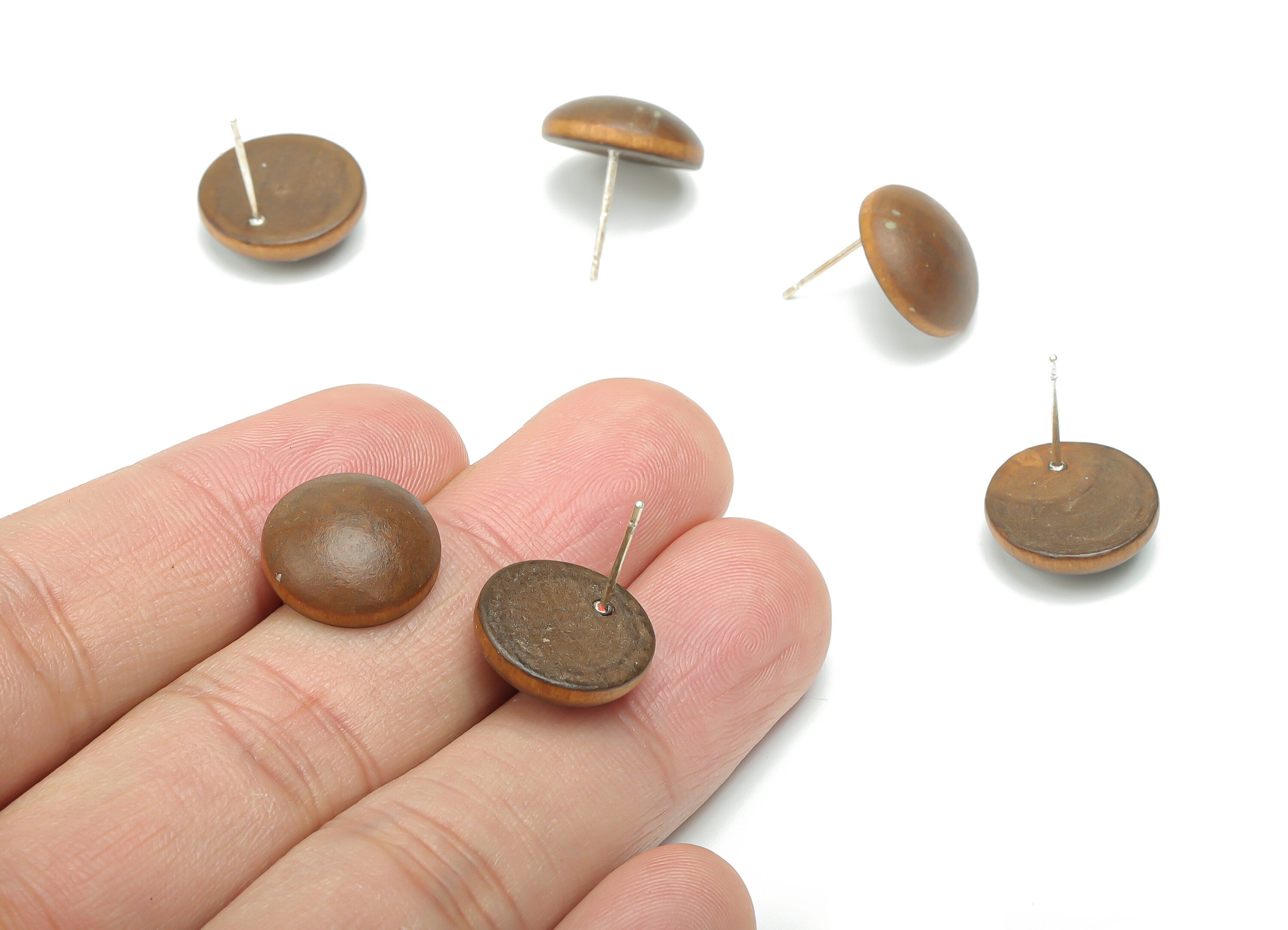 Poplar Plywood Round Earring Stud - Poplar Plywood Circle Post - Silver Plated Brass Stud - Jewelry Supplies - 14.52x14.52x5.2mm - BB1163A - DOMEDBAZAAR