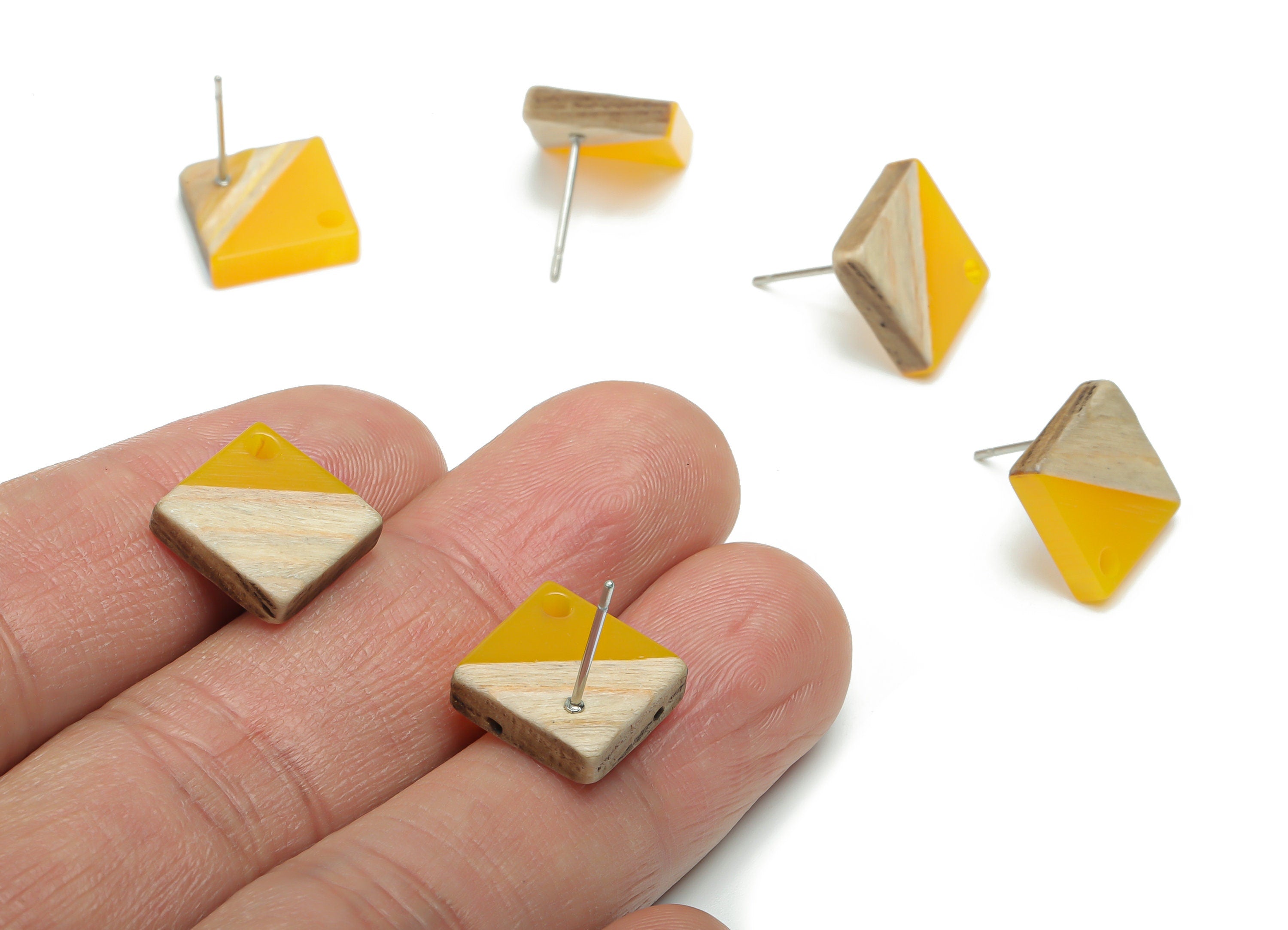 Natural Wood Square Earring Stud - Resin Square Post - 316 Surgical Stainless Steel - Jewelry Making Supplies - 11.96x11.88x3.52mm - BB1164J - DOMEDBAZAAR