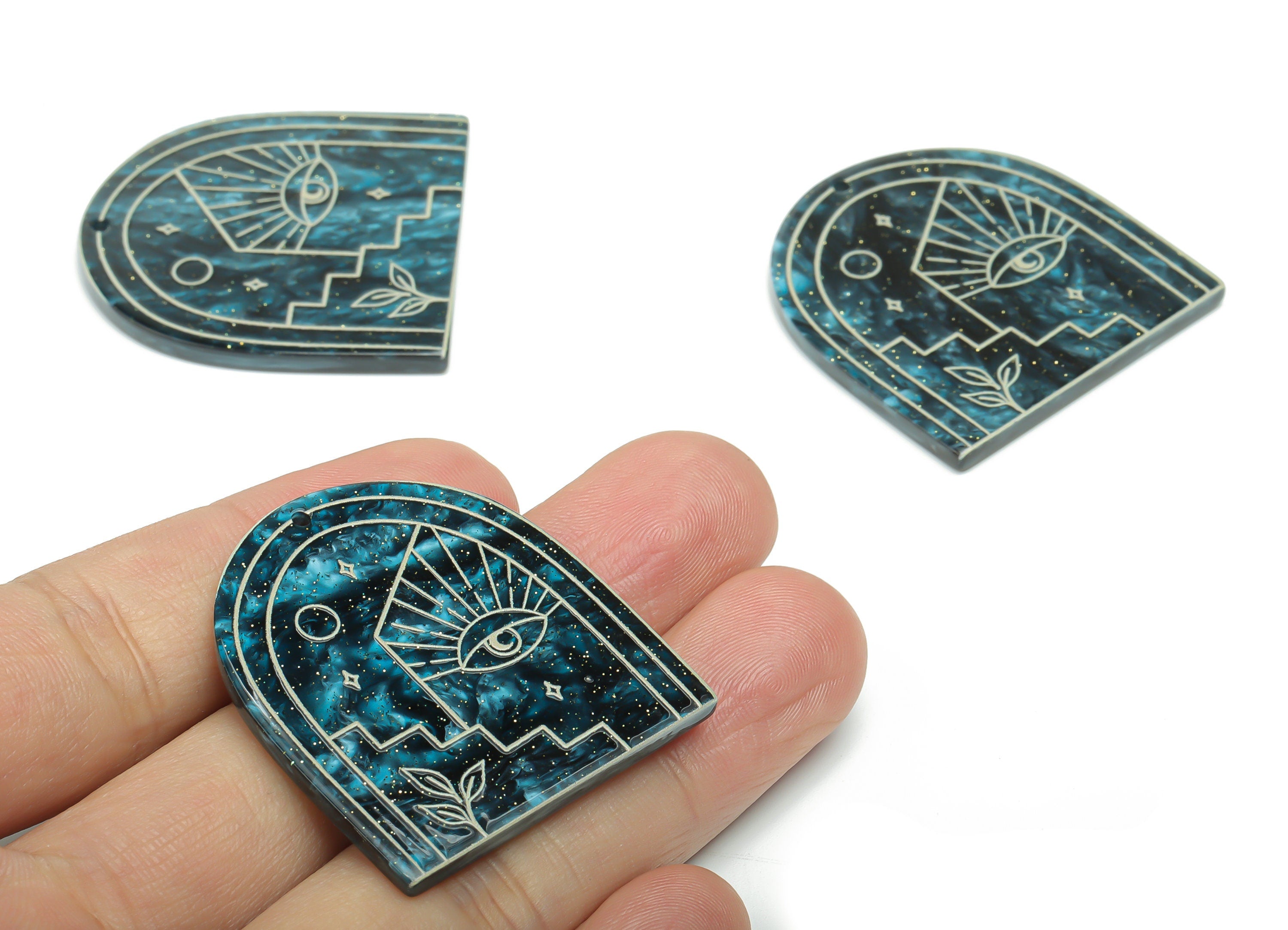 Acrylic Domed Planet Eye Earring Charms - Acrylic D Moon Leaf Steps Pendant - Color Code: A811 - 37.77x35.68x3.02mm - AC2404-A811 - DOMEDBAZAAR