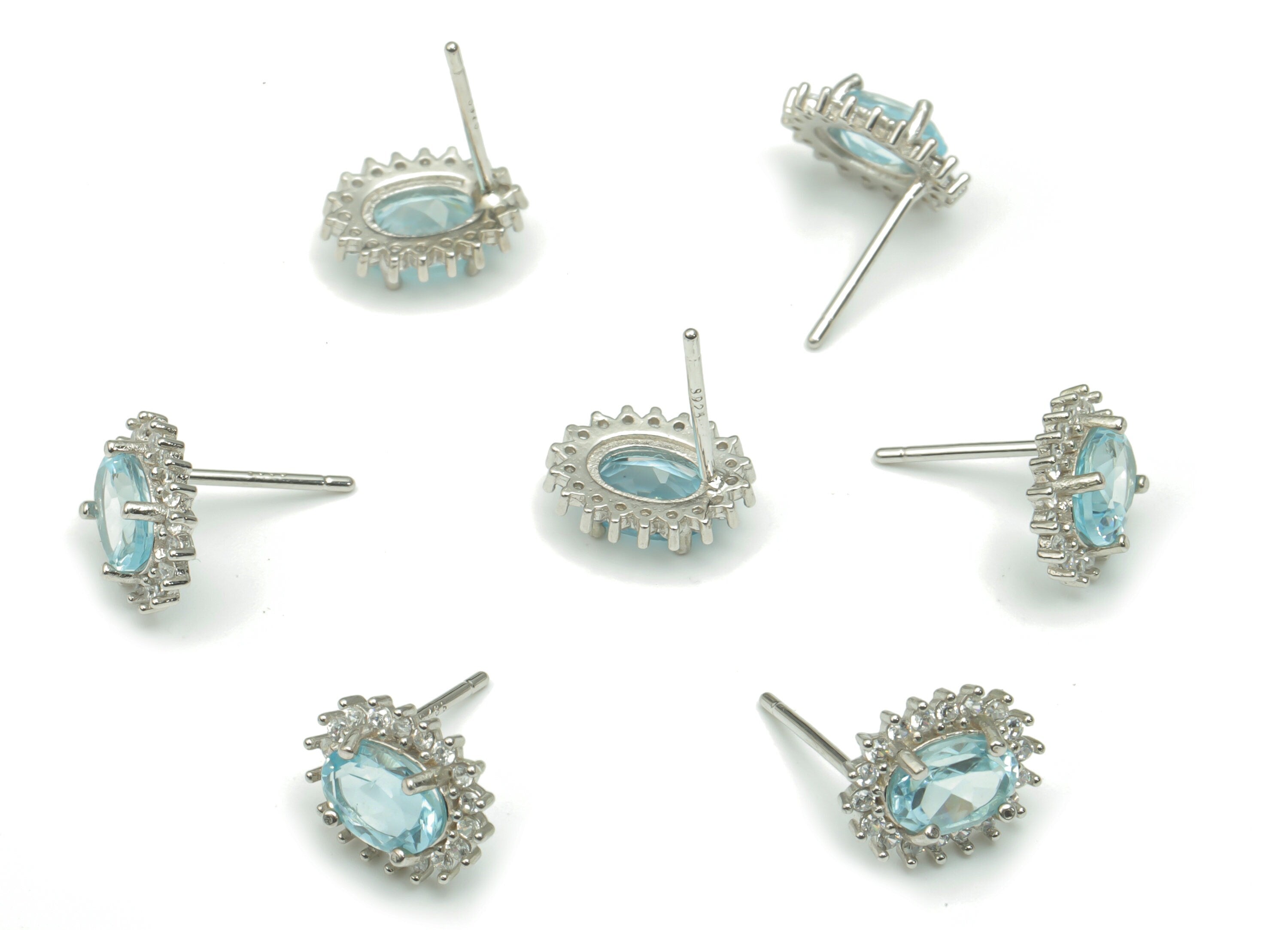 Sterling Silver Blue Topaz Stud Earrings - Zircon Oval Natural Stone Post - 925 Silver Earrings - Minimalist Style – 11.1x8.9x3.6mm– SI1006A - DOMEDBAZAAR