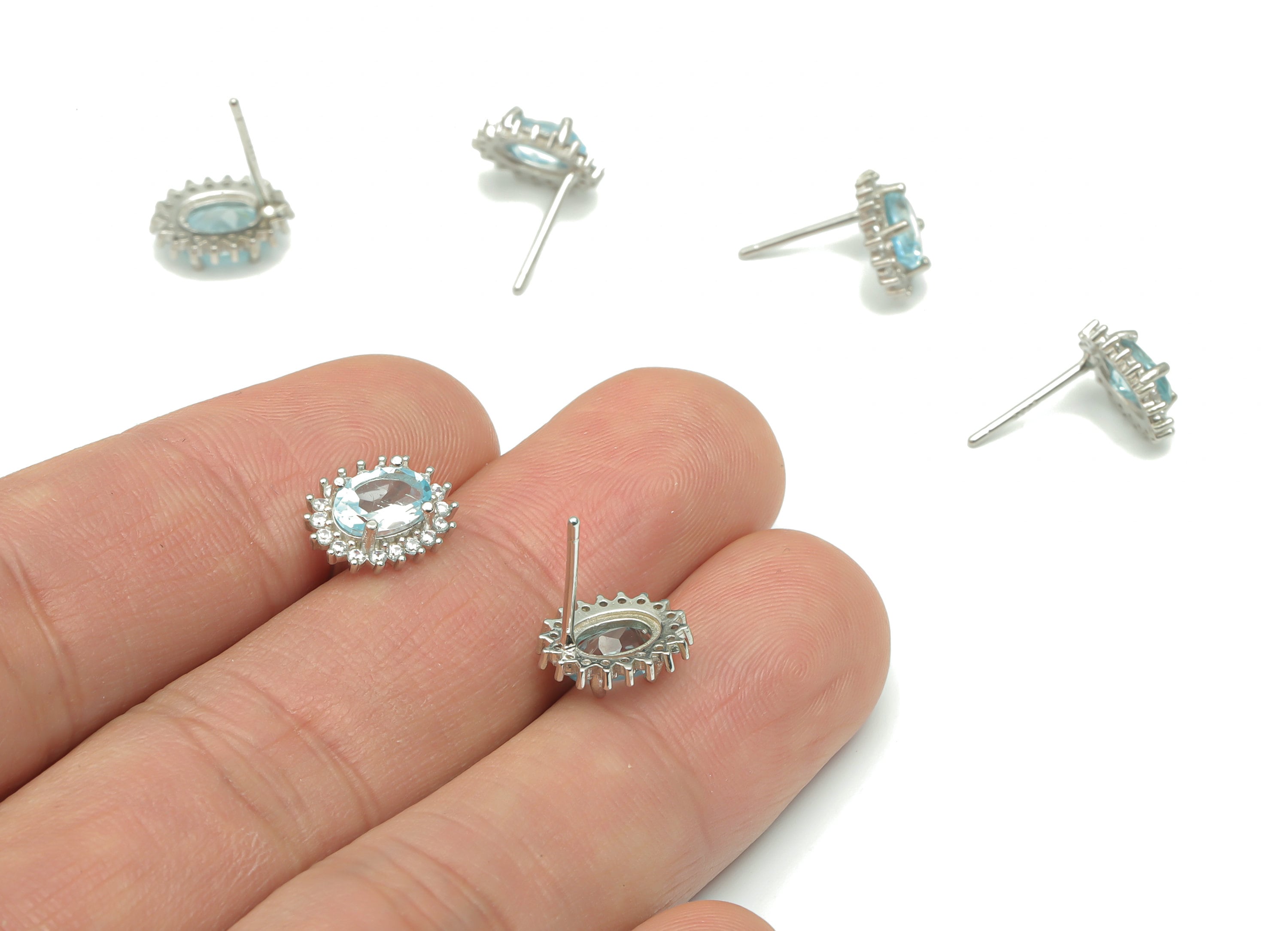 Sterling Silver Blue Topaz Stud Earrings - Zircon Oval Natural Stone Post - 925 Silver Earrings - Minimalist Style – 11.1x8.9x3.6mm– SI1006A - DOMEDBAZAAR