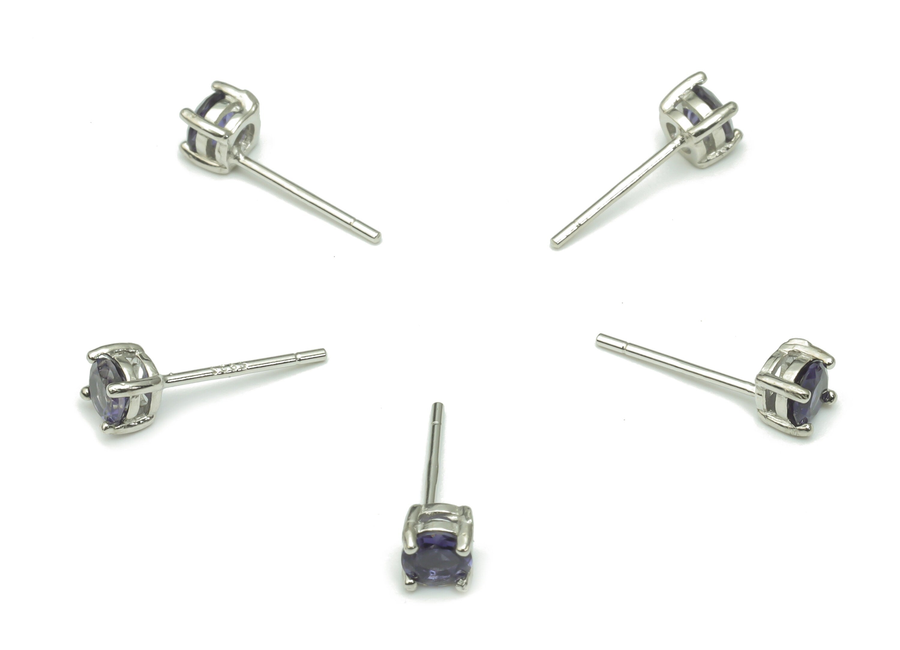 Sterling Silver Cordierite Stud Earrings - Round Natural Stone Earring Post - 925 Silver Earrings - Minimalist Style - 4x4x3.3mm – SI1010 - DOMEDBAZAAR