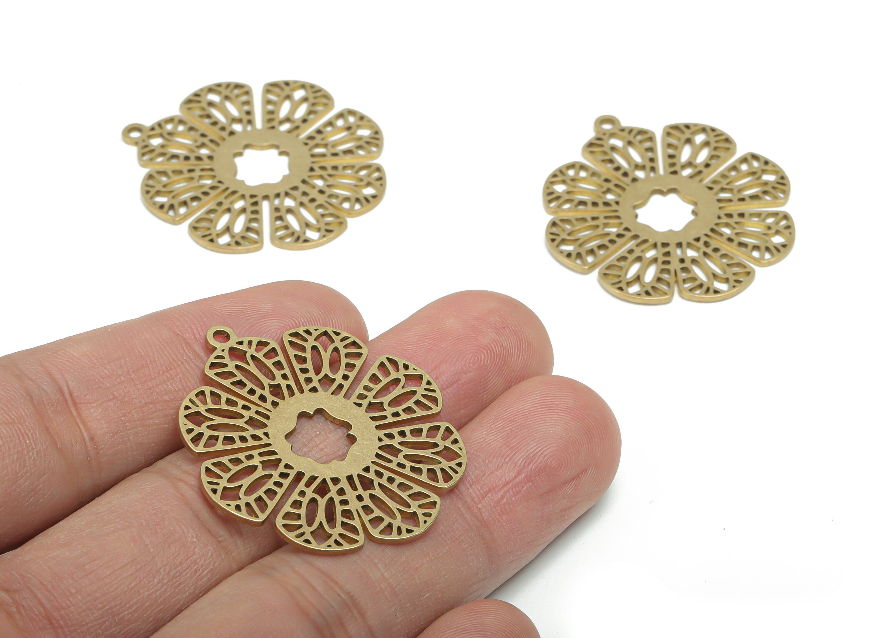 Brass Flower Daisy Earring Charms - Raw Brass Flower Pendant - Jewelry Making Supplies - 35.82x32.95x0.86mm - PPA1983 - DOMEDBAZAAR