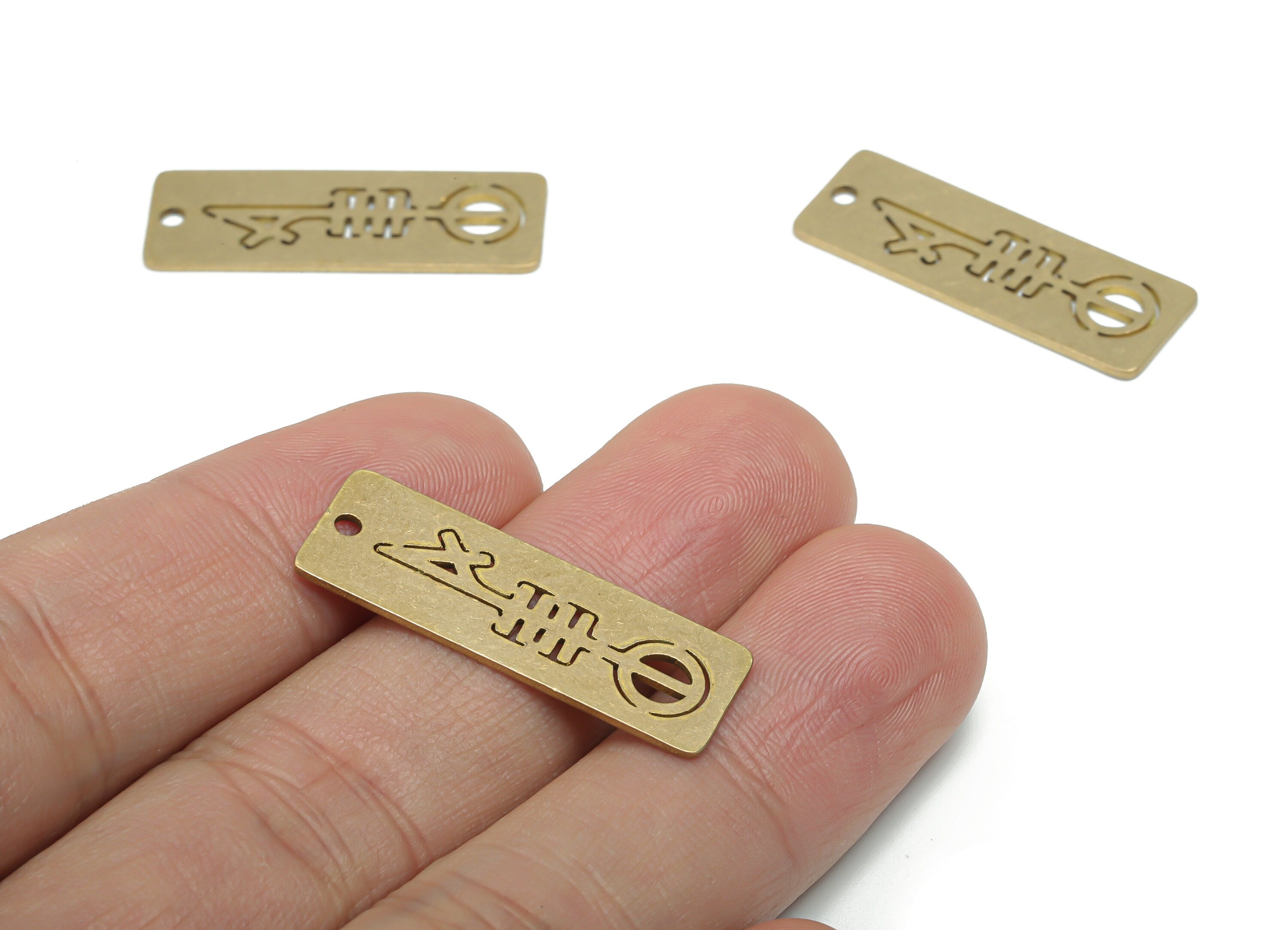 Brass Rectangle Round Key Sign Earring Charms - Raw Brass Rectangle Egyptian Sign Pendant - Jewelry Supplies - 29.91x10.42x0.74mm - PPA2157 - DOMEDBAZAAR
