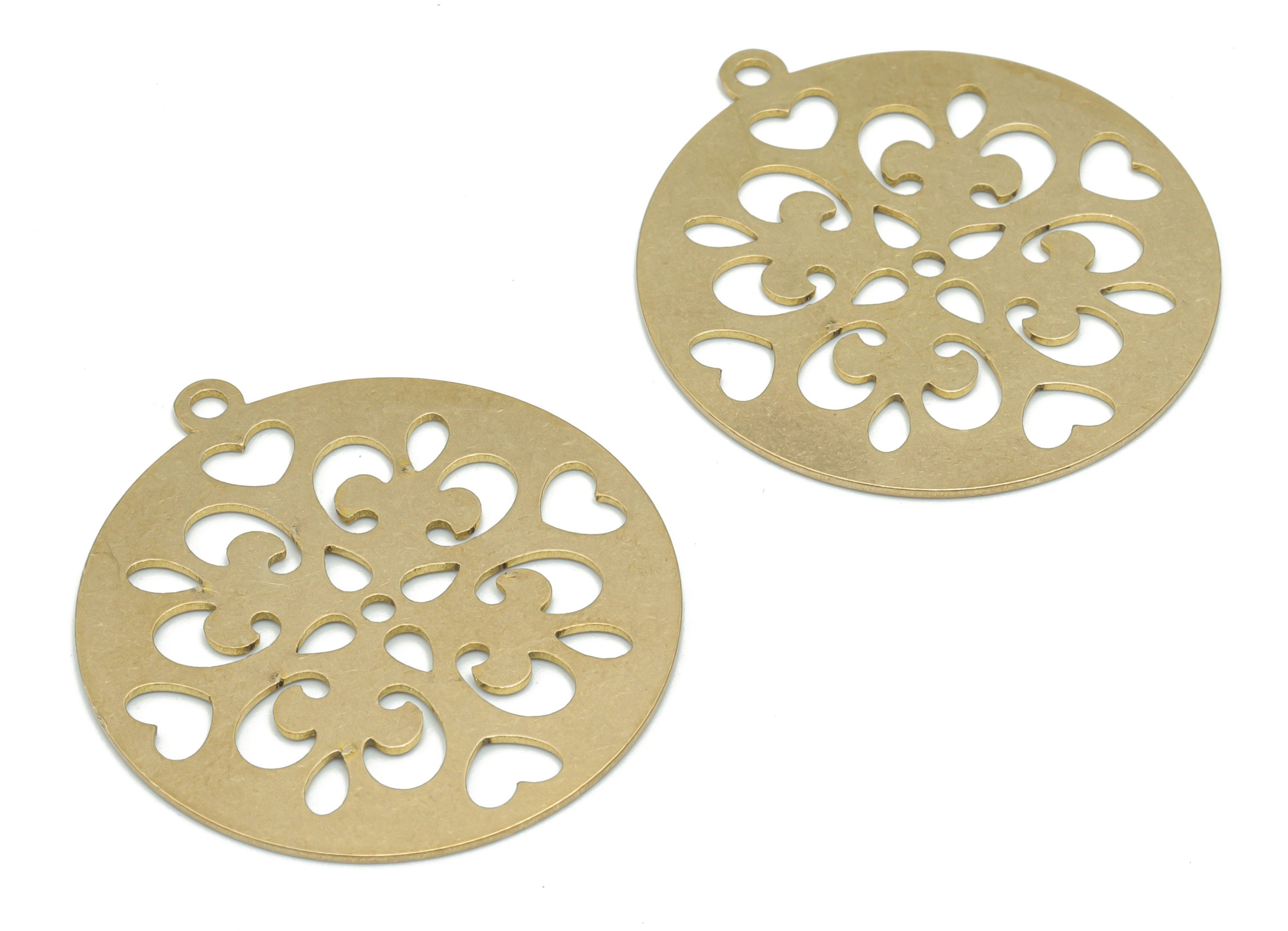 Brass Round Flower Earring Charms - Raw Brass Heart Circle Pendant - DIY Jewelry Making Supplies - 34.83x31.83x0.64mm - PPA2579 - DOMEDBAZAAR
