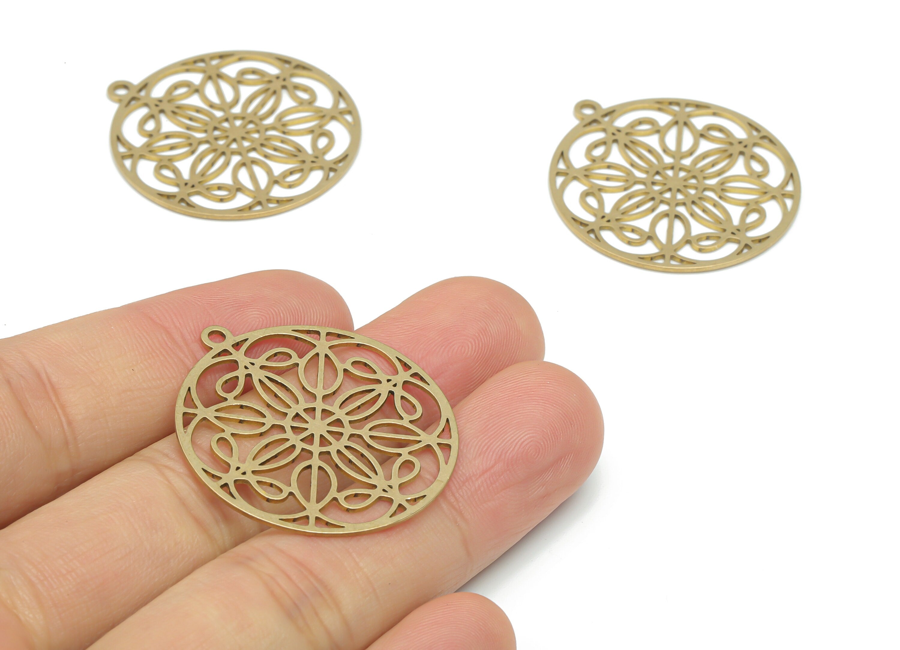 Brass Round Flower Earring Charms - Raw Brass Flower Circle Pendant - DIY Jewelry Making Supplies - 34.86x31.9x0.67mm - PPA2597 - DOMEDBAZAAR