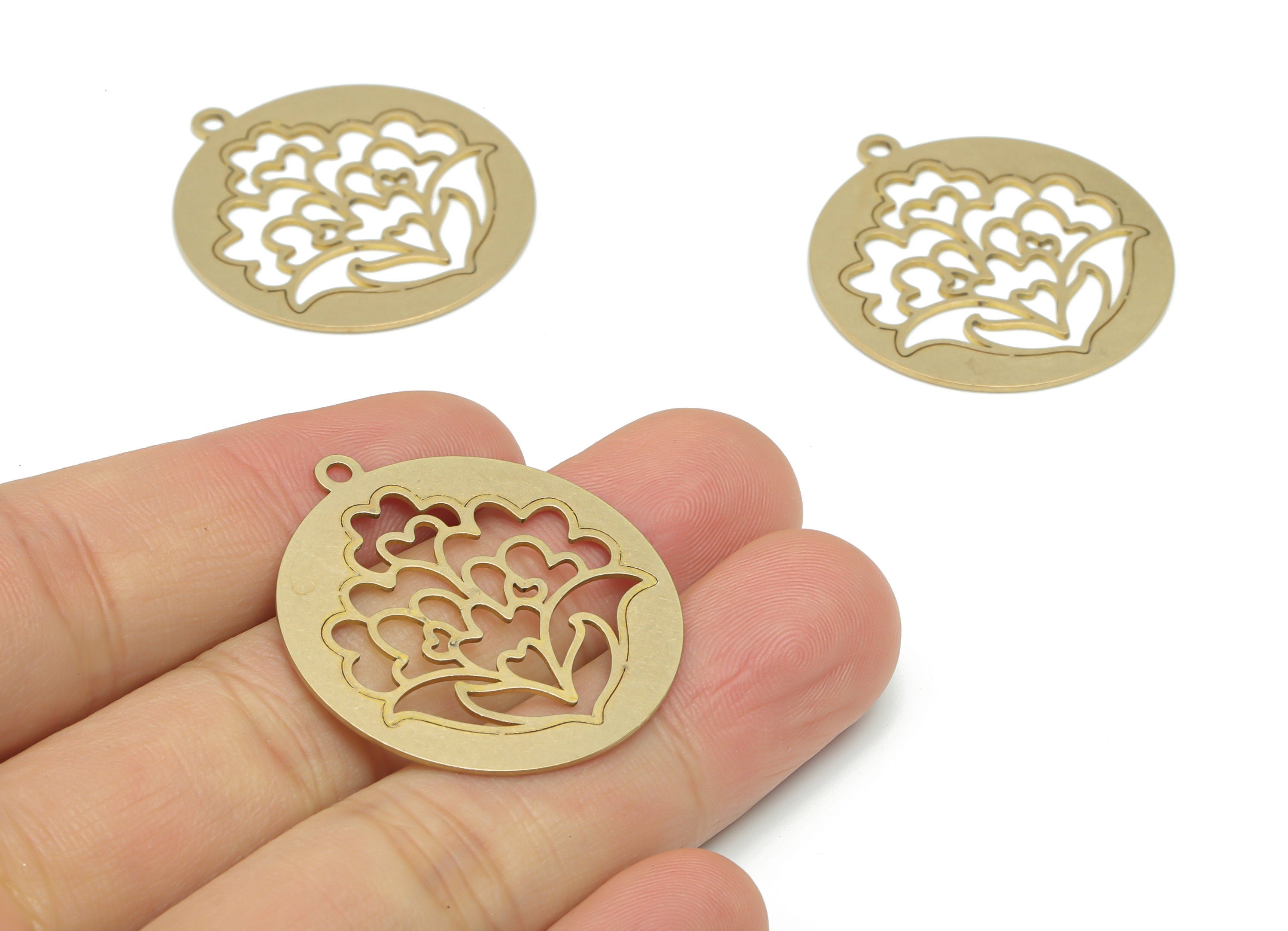 Brass Round Botanical Flower Earring Charms - Raw Brass Flower Circle Pendant - DIY Jewelry Making Supplies - 34.88x31.78x0.65mm - PPA2638 - DOMEDBAZAAR