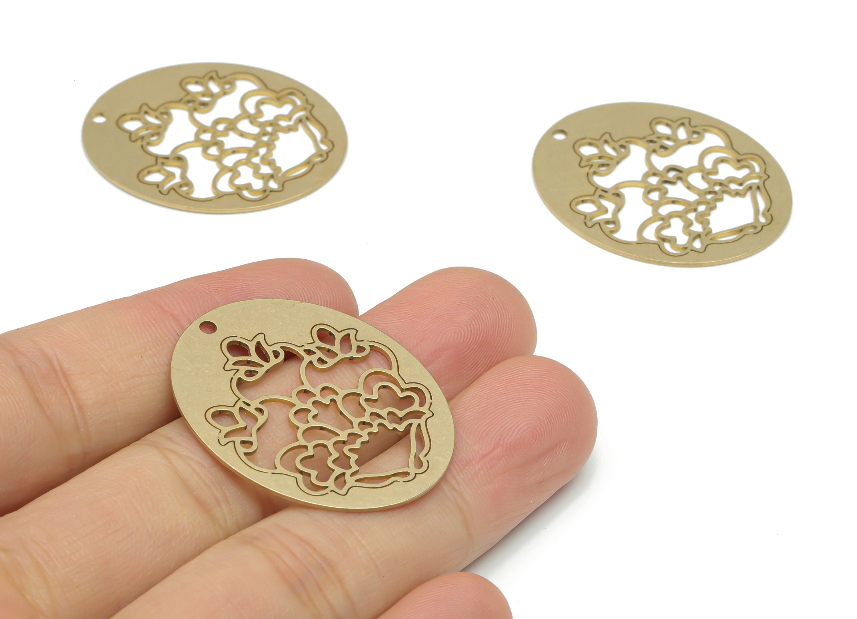 Brass Oval Flower Earring Charms - Raw Brass Flower Oval Pendant - DIY Jewelry Making Supplies - 35.85x29.45x0.71mm - PPA2647 - DOMEDBAZAAR