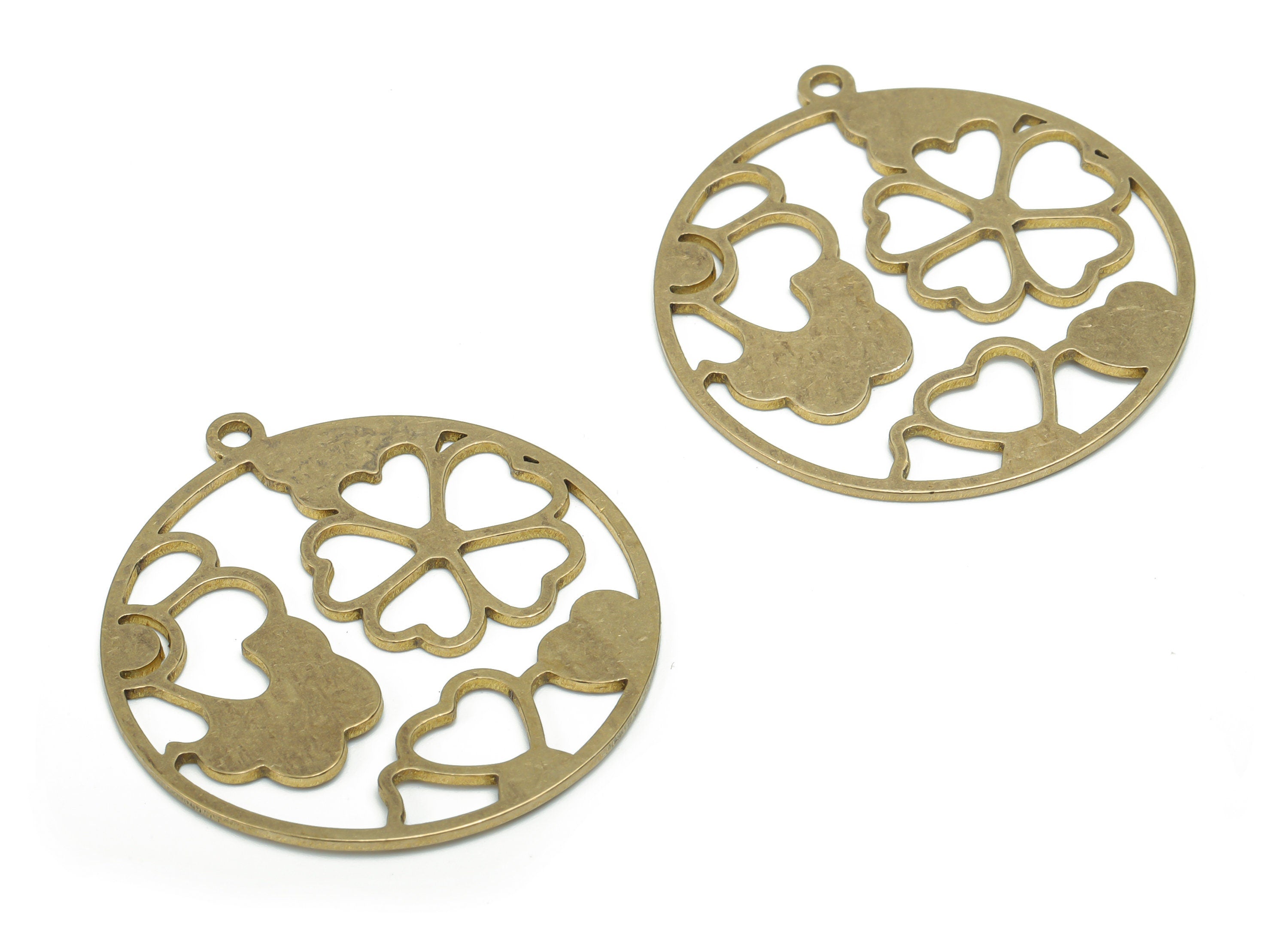 Brass Round Flower Earring Charms - Raw Brass Clover Heart Circle Pendant - Jewelry Making Supplies - 35.7x32.85x0.89mm - PPA1963 - DOMEDBAZAAR