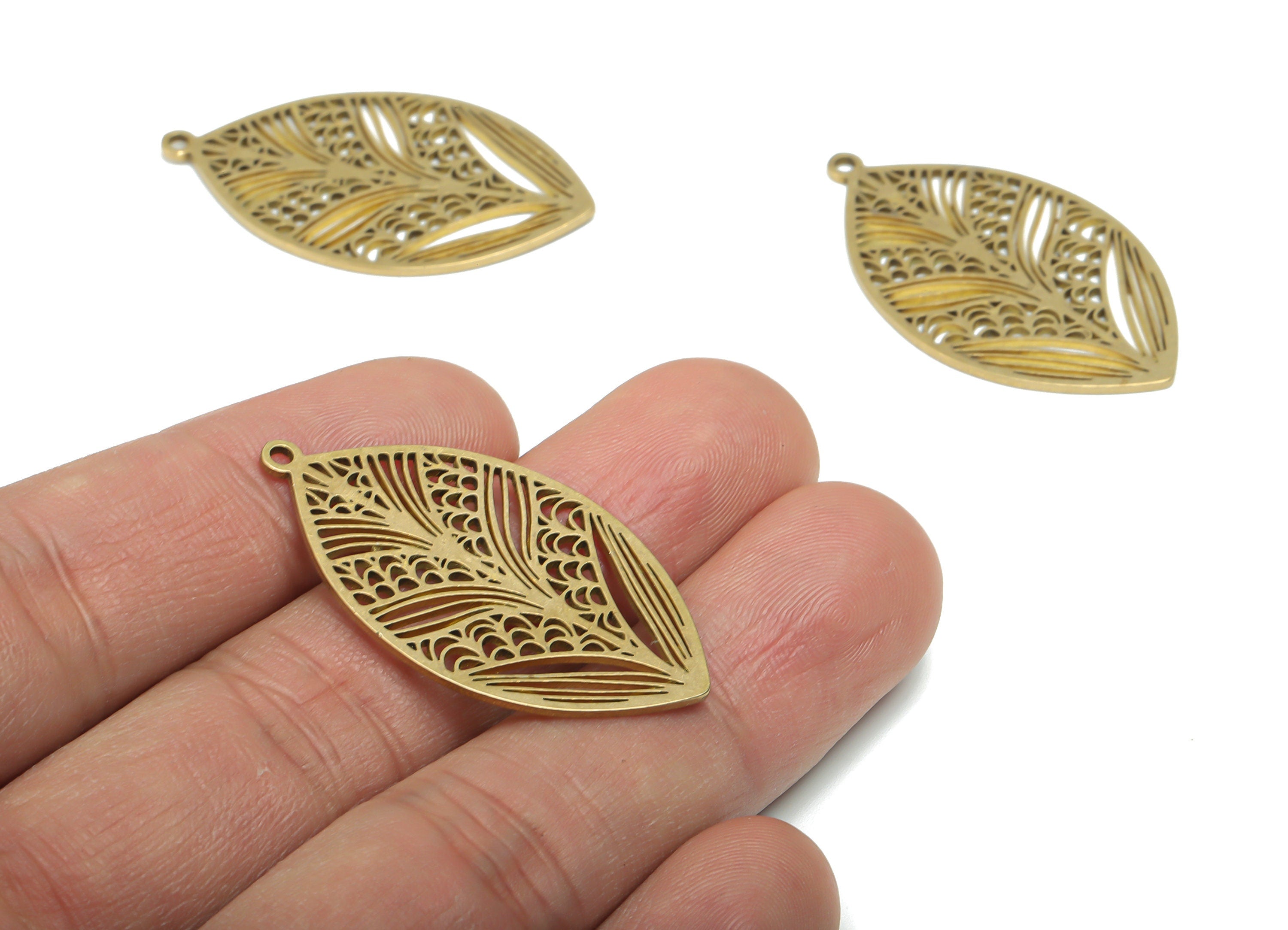Brass Oval Leaf Earring Charms - Raw Brass Semicircle Oval Pendant - Jewelry Making Supplies - 37.85x21.72x0.87mm - PPA2093 - DOMEDBAZAAR