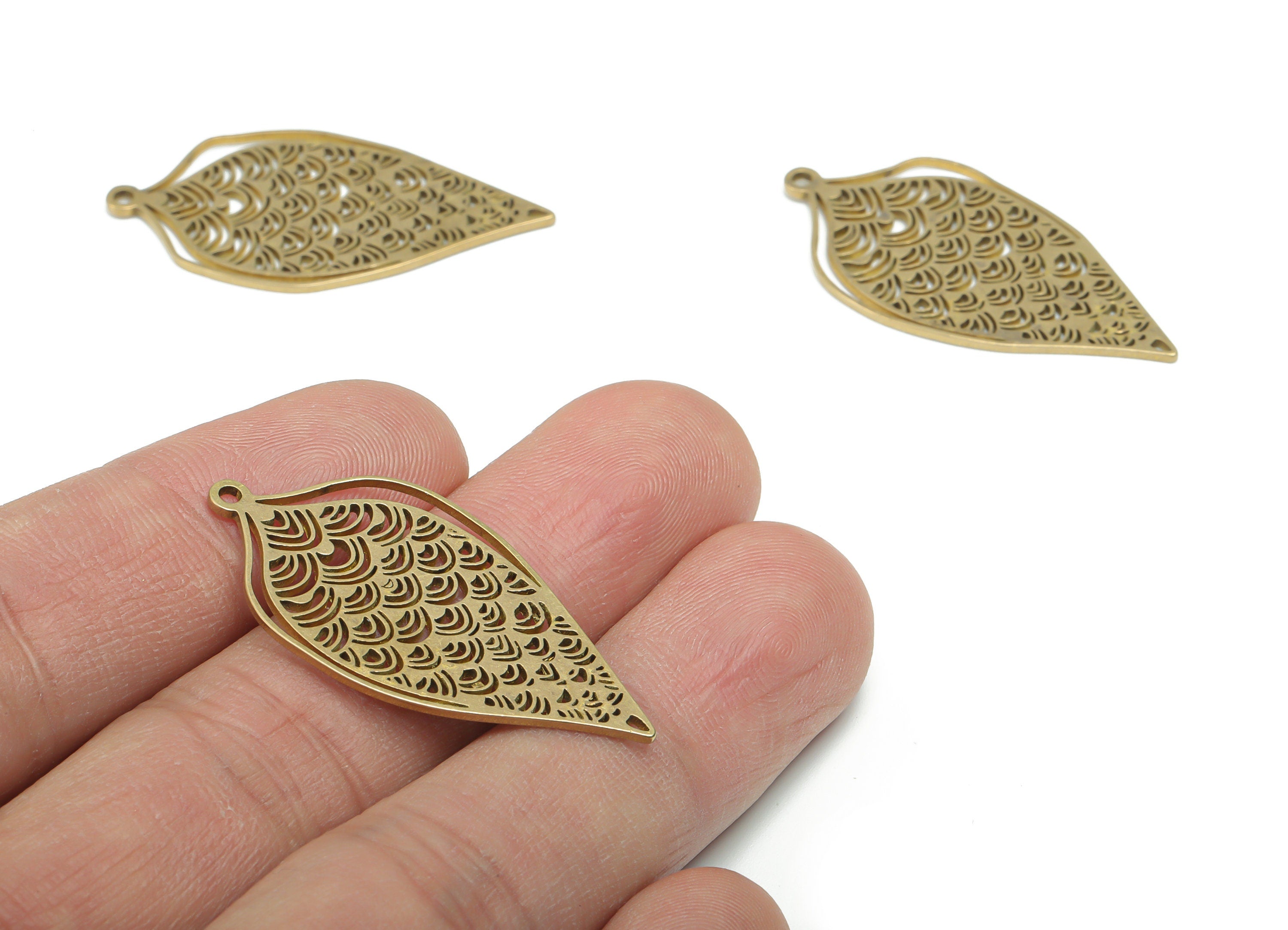 Brass Leaf Semicircle Earring Charms - Raw Brass Half Moon Leaf Pendant - Jewelry Making Supplies - 37.73x17.87x0.94mm - PPA2091 - DOMEDBAZAAR