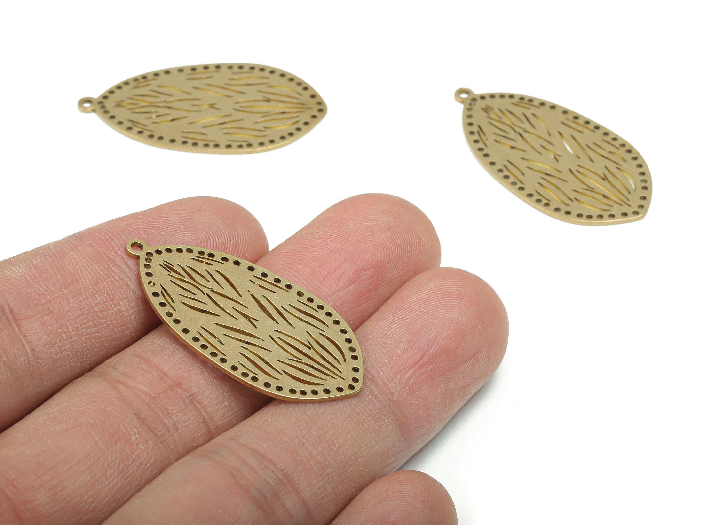 Brass Oval Grass Earring Charms - Raw Brass Beads Grass Oval Pendant - Jewelry Making Supplies - 35.86x18.4x0.78mm - PPA2095 - DOMEDBAZAAR