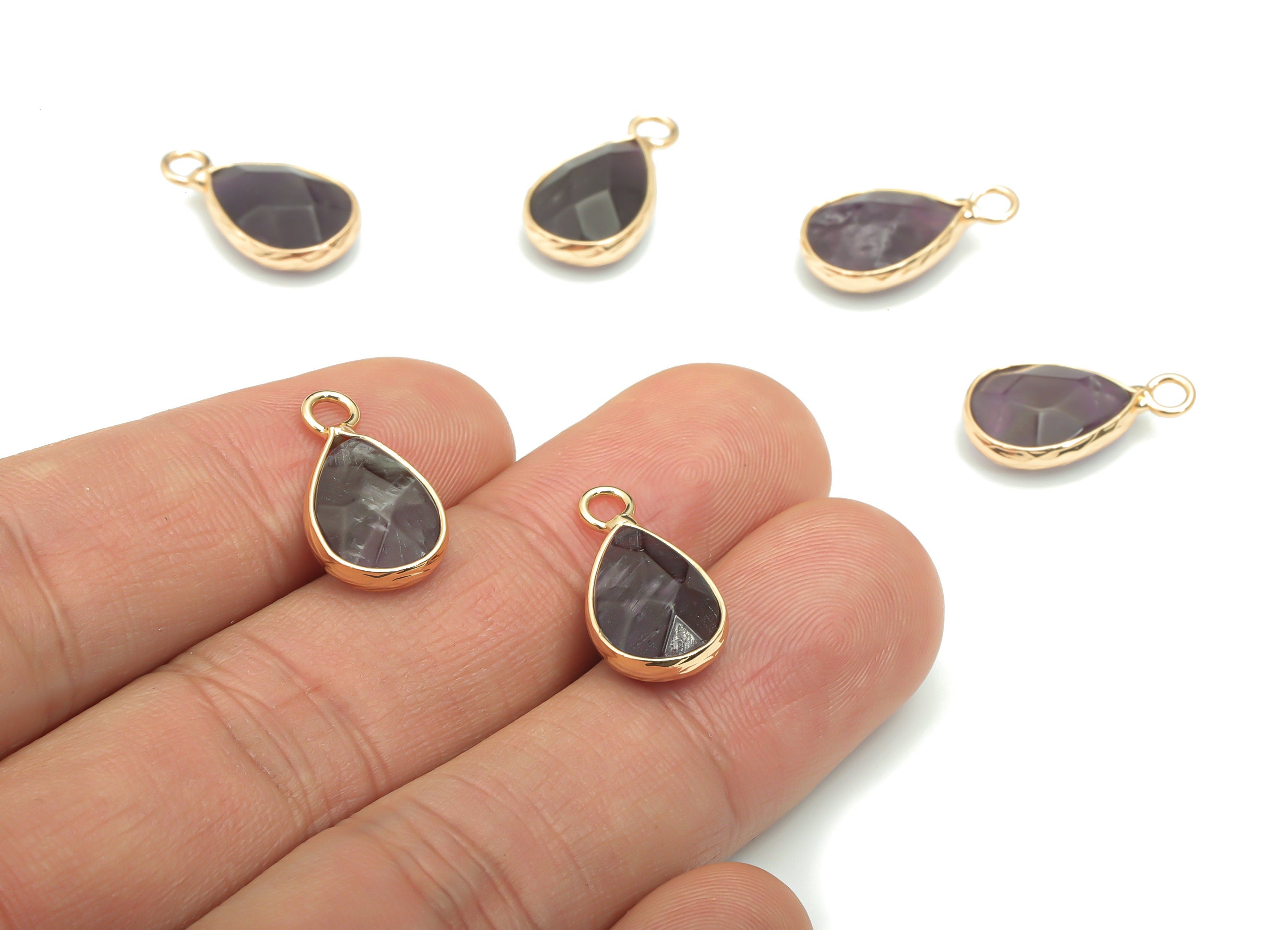Amethyst Faceted Natural Stone Drop Charms - Brass Teardrop Pendant - Gold Tone Plated Brass – Jewelry Supplies - 17.83x9.45x4.98mm- NS1626H - DOMEDBAZAAR