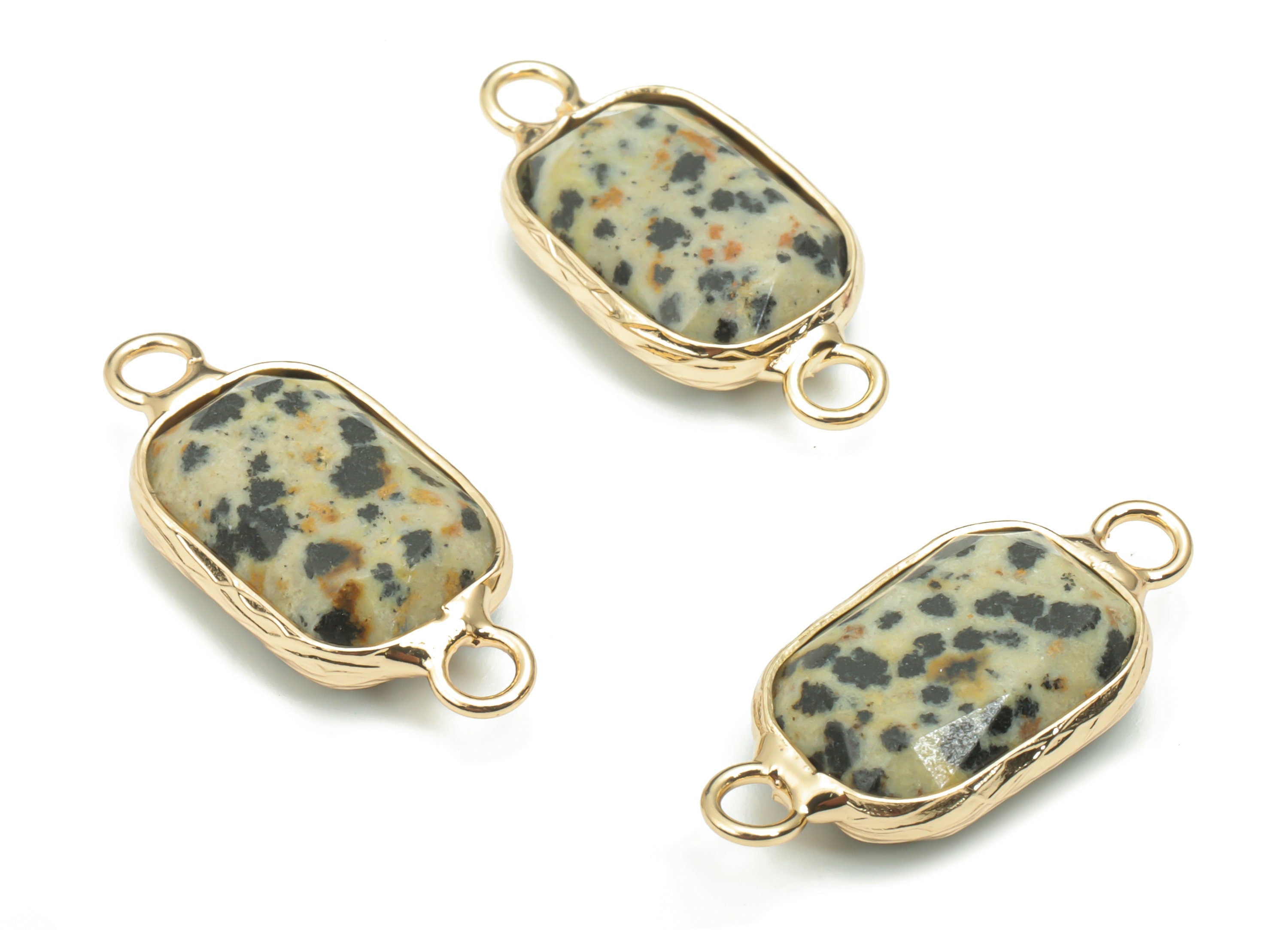 Dalmatian Jasper Faceted Natural Stone Connectors - Brass Rectangle Charms - Gold Tone Plated Brass – 24.43x11.49x5.2mm – NS1630B - DOMEDBAZAAR
