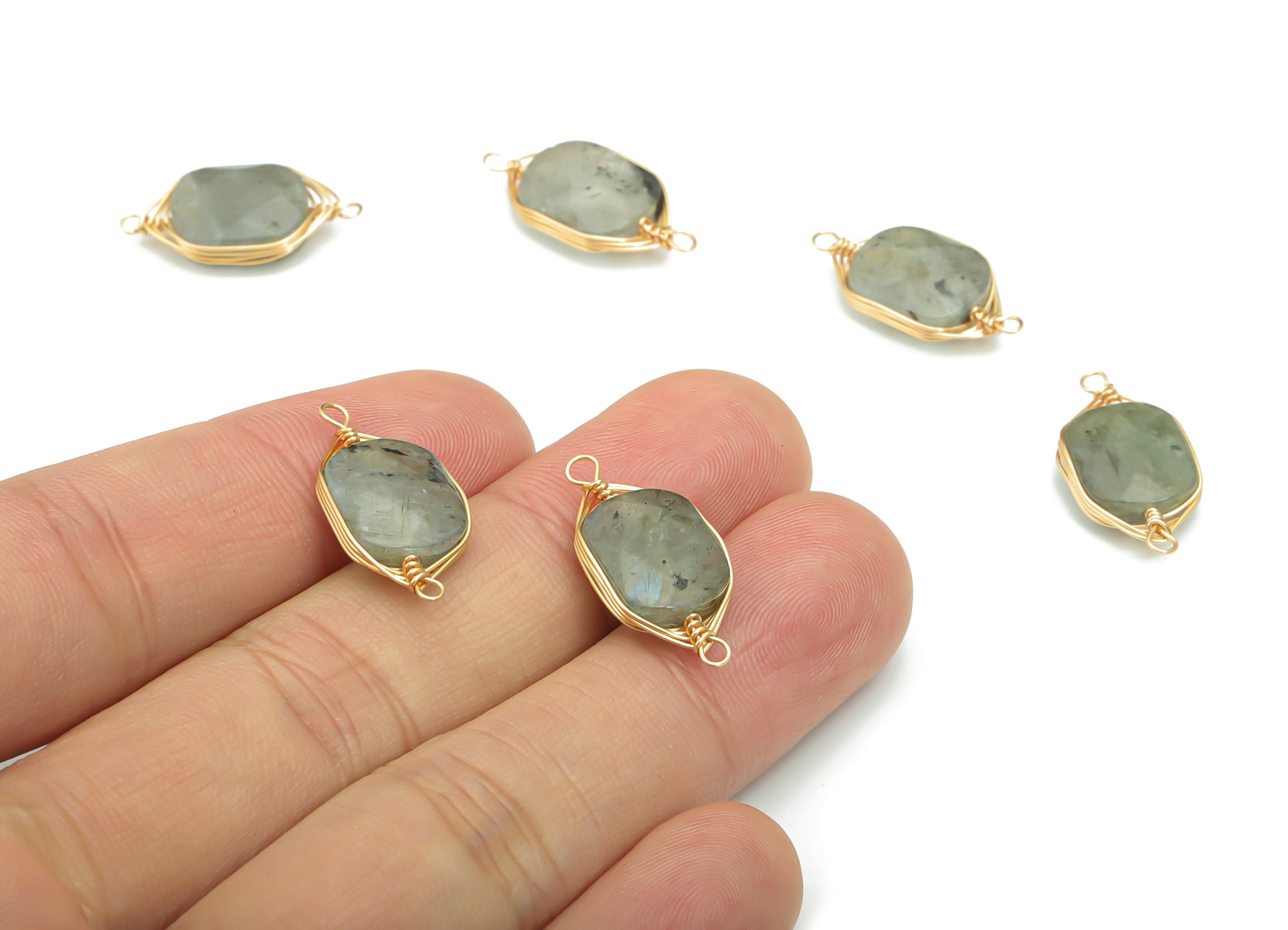 Labradorite Faceted Natural Stone Earring Connectors - Brass Wire Wrapped Square Bracelet - Gold Tone Plated Brass – 21.8x10.9x4.9mm–NS1655E - DOMEDBAZAAR