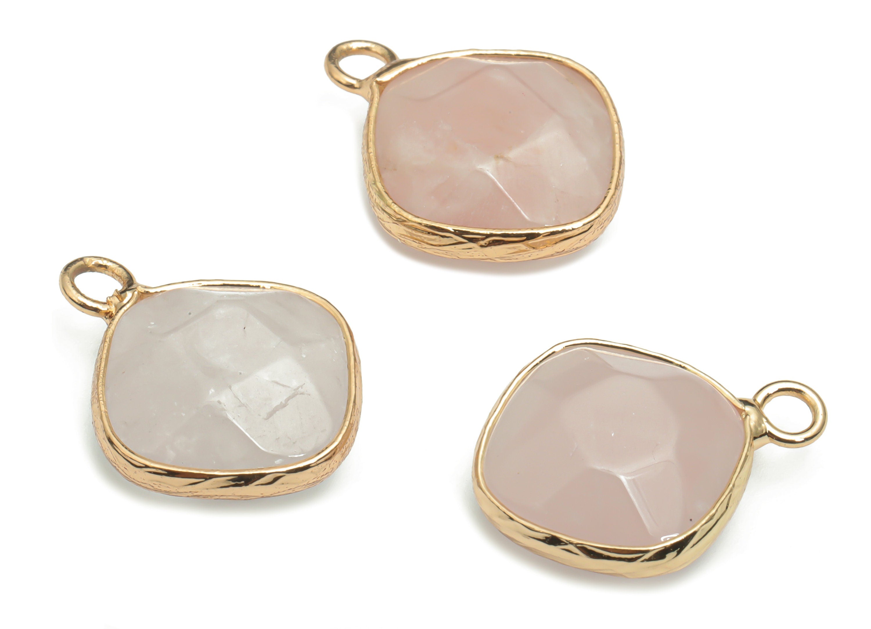Rose Quartz Faceted Natural Stone Charms - Brass Diamond Pendant - Gold Tone Plated Brass – Jewelry Supplies - 19.3x15.34x6.28mm – NS1637A - DOMEDBAZAAR