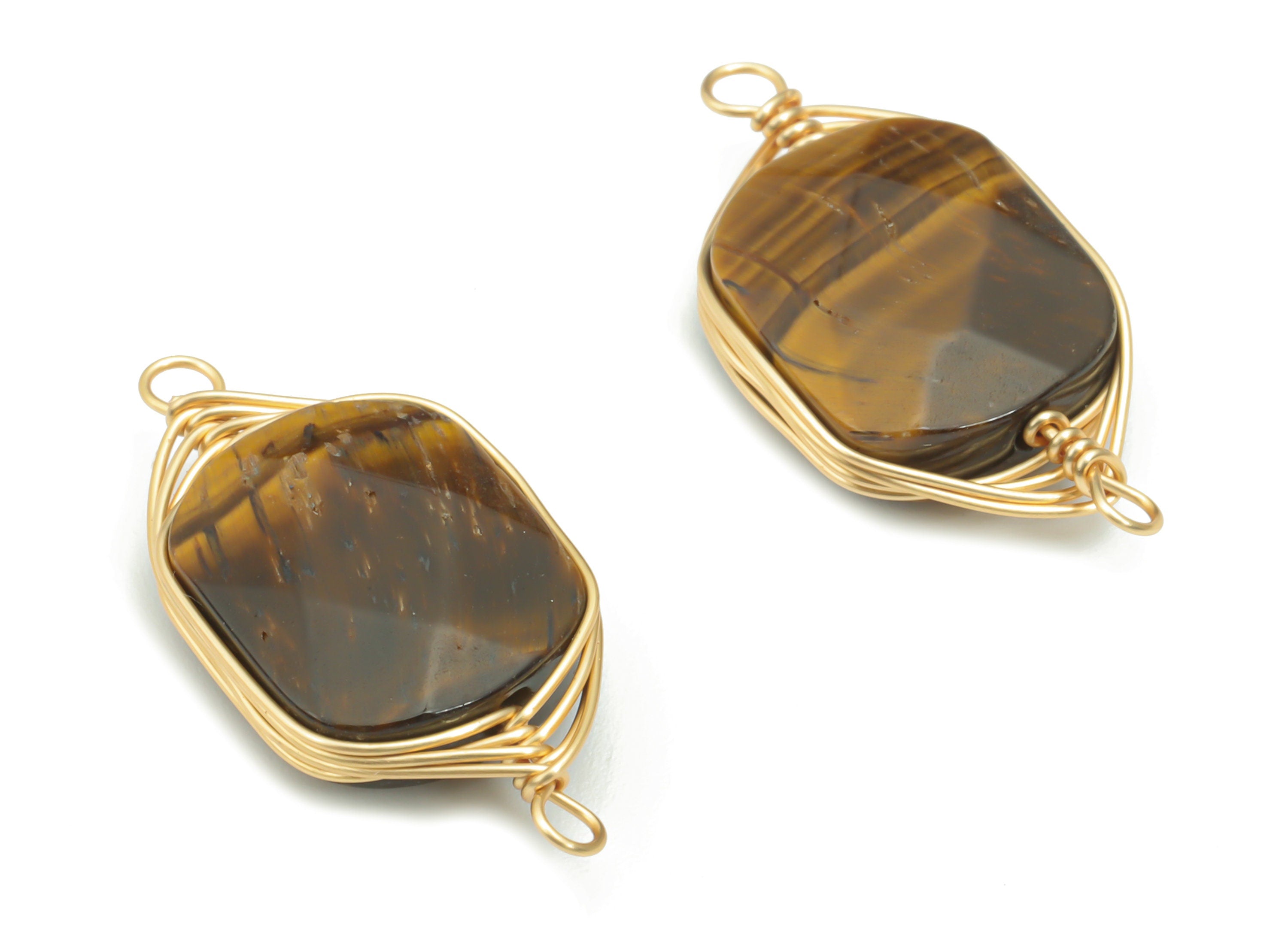 Tiger eye Faceted Natural Stone Earring Connectors - Brass Wire Wrapped Square Charms - Gold Tone Plated Brass – 22.72x11.19x5.1mm – NS1655D - DOMEDBAZAAR