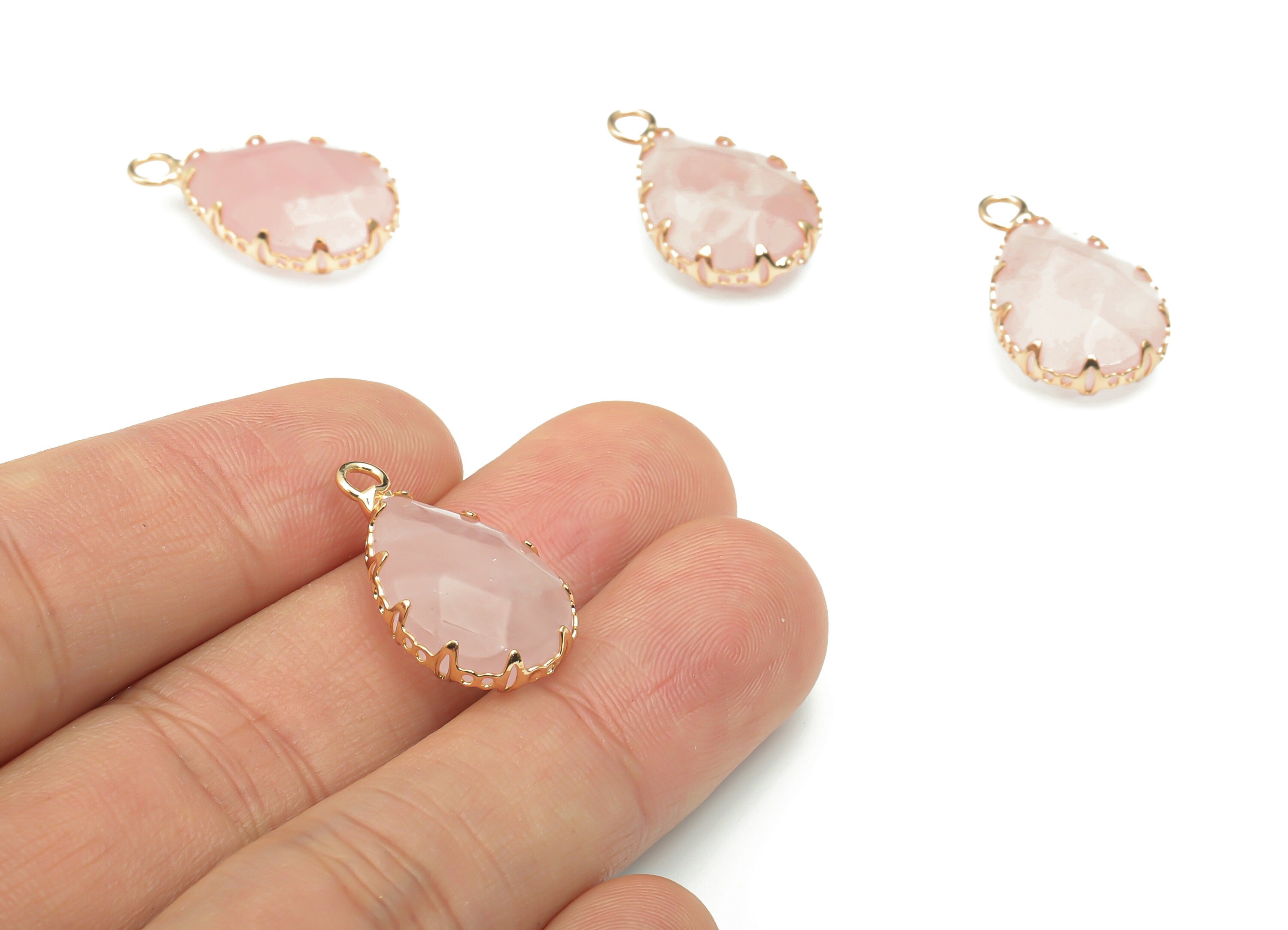 Rose Quartz Faceted Natural Stone Teardrop Charms - Brass Drop Pendant - Gold Tone Plated Brass – Jewelry Supplies - 23.1x13.9x5.6mm–NS1636B - DOMEDBAZAAR