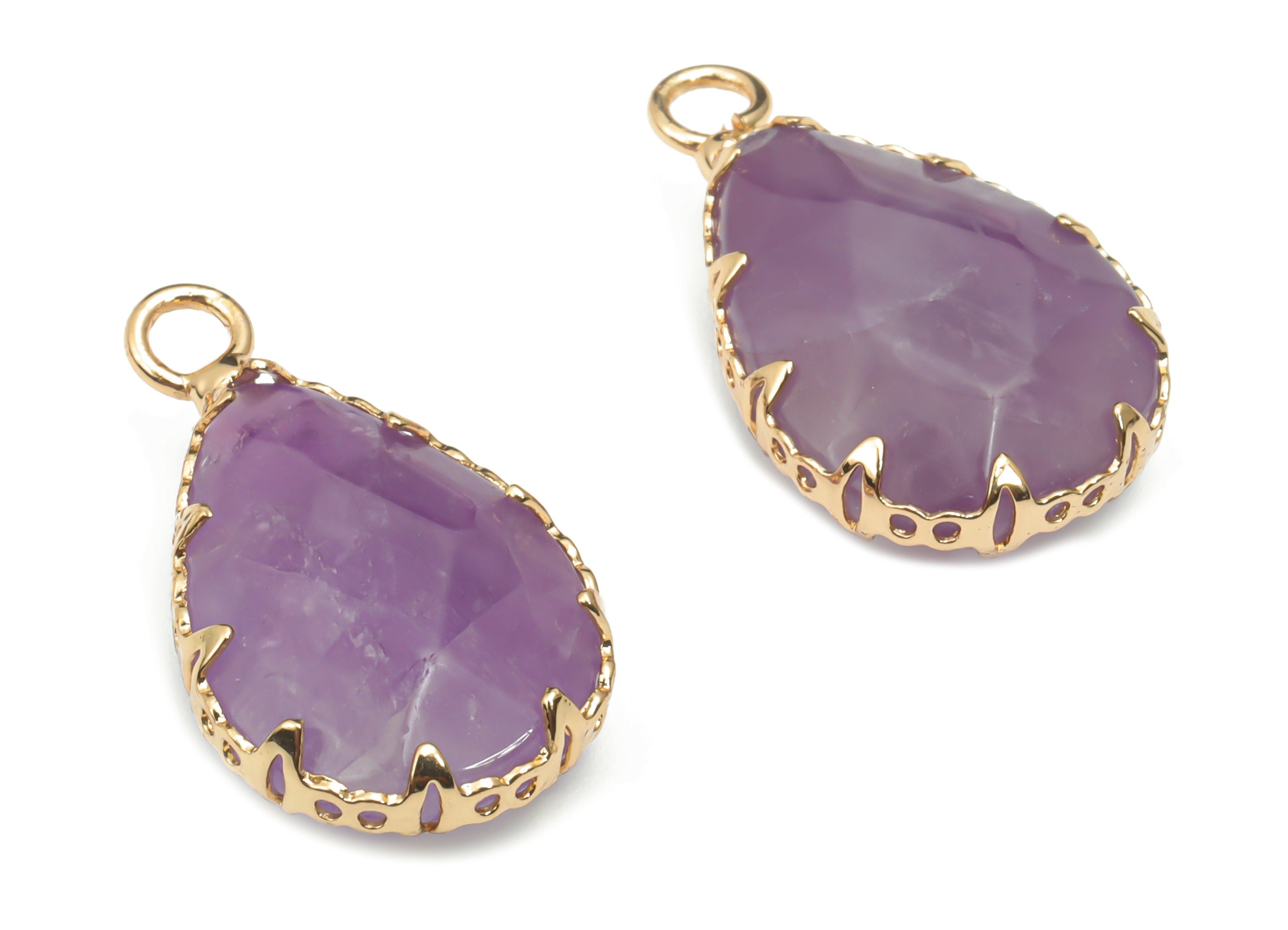 Amethyst Faceted Natural Stone Teardrop Charms - Brass Drop Pendant - Gold Tone Plated Brass – Jewelry Supplies - 23.14x13.9x5.6mm – NS1636C - DOMEDBAZAAR