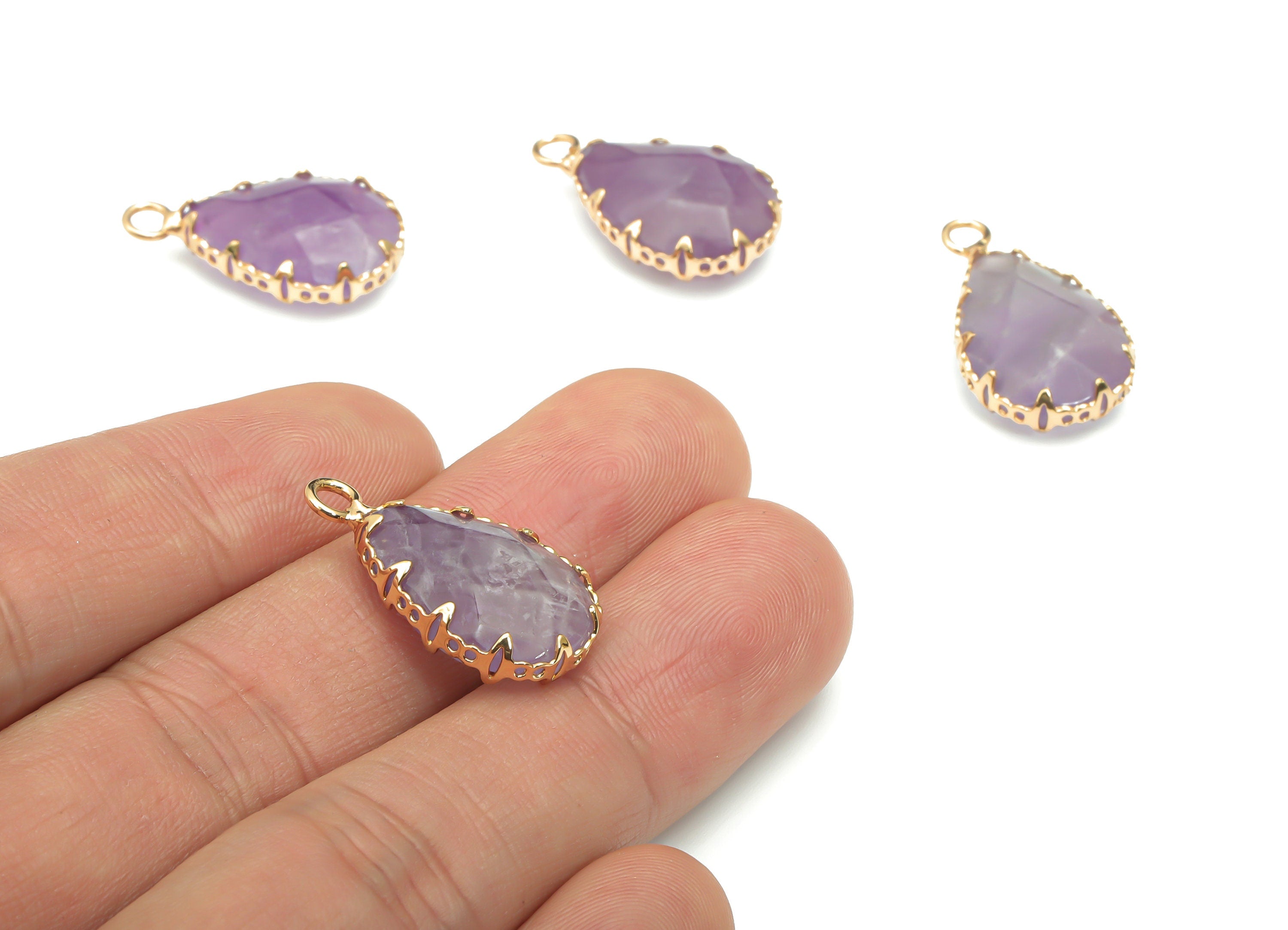 Amethyst Faceted Natural Stone Teardrop Charms - Brass Drop Pendant - Gold Tone Plated Brass – Jewelry Supplies - 23.14x13.9x5.6mm – NS1636C - DOMEDBAZAAR