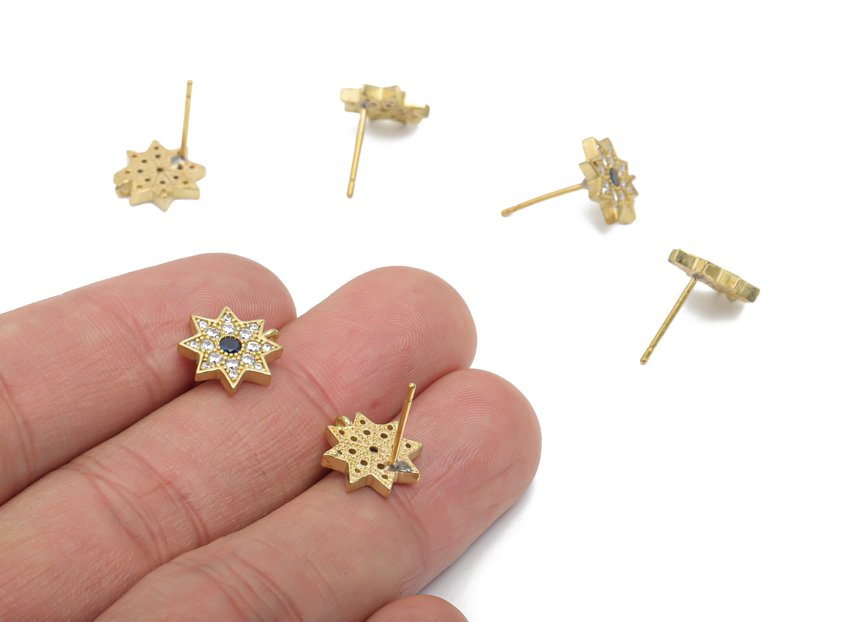 Brass Sun Earring Stud With Zircons - Raw Brass Sun Post - Brass Stud - Earring Findings - Jewelry Supplies - 12.64x7.92x2.78mm - PP5124 - DOMEDBAZAAR