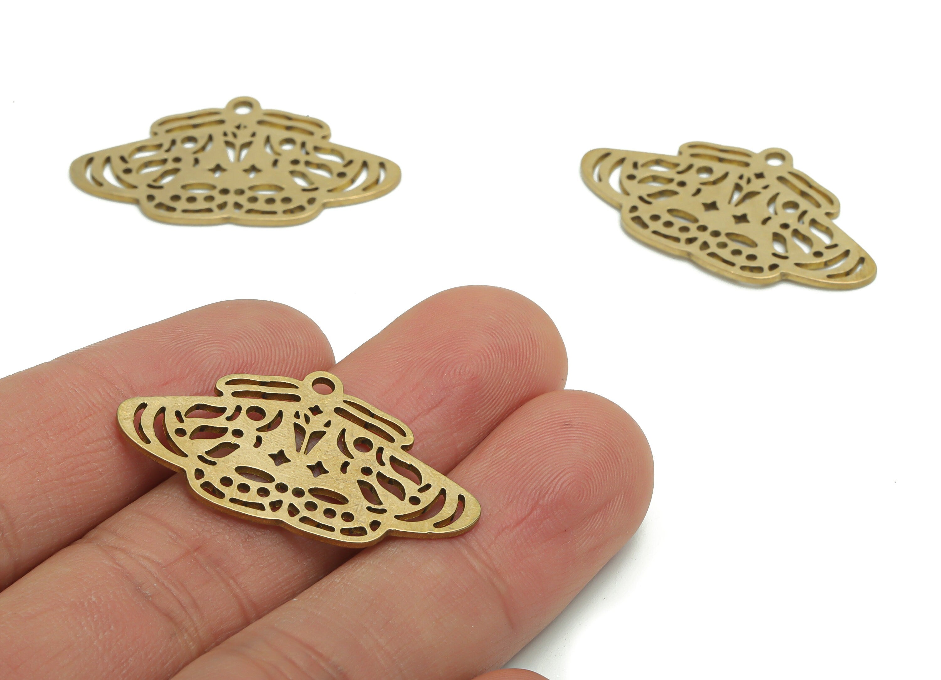 Brass Moth Planet Crescent Earring Charms - Raw Brass Moth Moon Star Pendant - DIY Jewelry Making Supplies - 34.79x19.49x0.87mm - PPA2381 - DOMEDBAZAAR