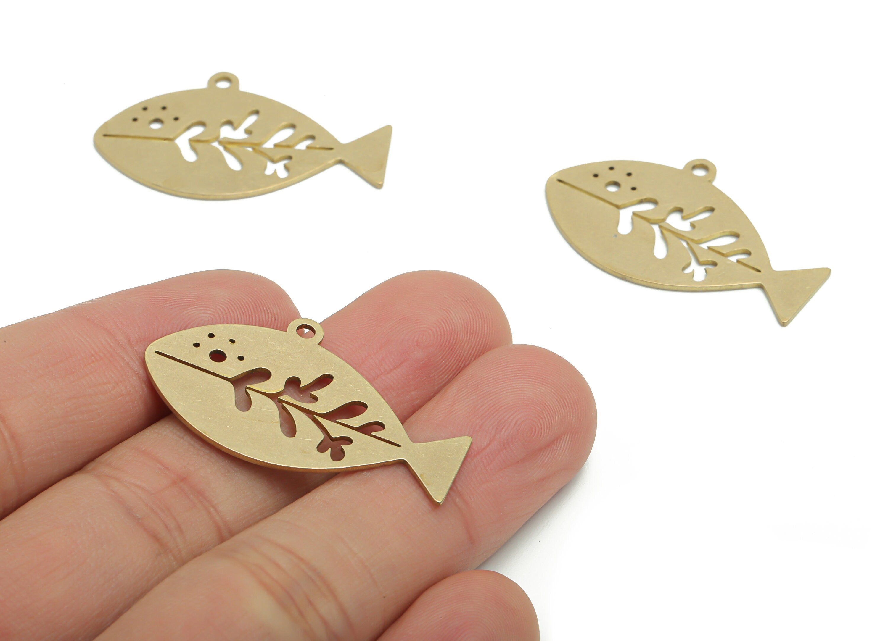 Brass Fish Branch Earring Charms - Raw Brass Whale Oval Triangle Pendant - DIY Jewelry Making Supplies - 34.94x21.64x0.76mm - PPA1860 - DOMEDBAZAAR