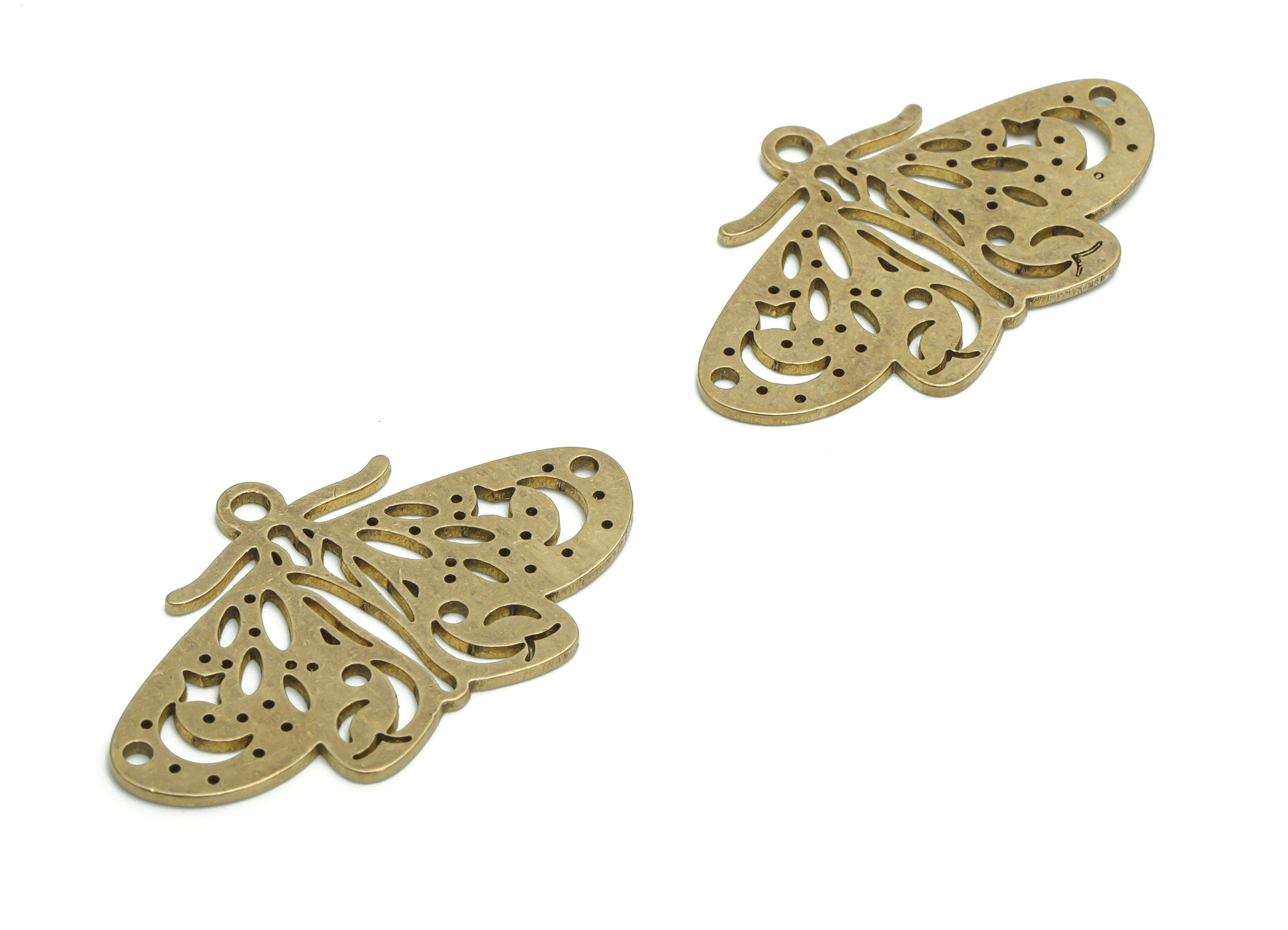 Brass Moth Planet Crescent Earring Charms - Raw Brass Moth Moon Star Pendant - DIY Jewelry Making Supplies - 34.49x21.37x0.9mm - PPA2378 - DOMEDBAZAAR