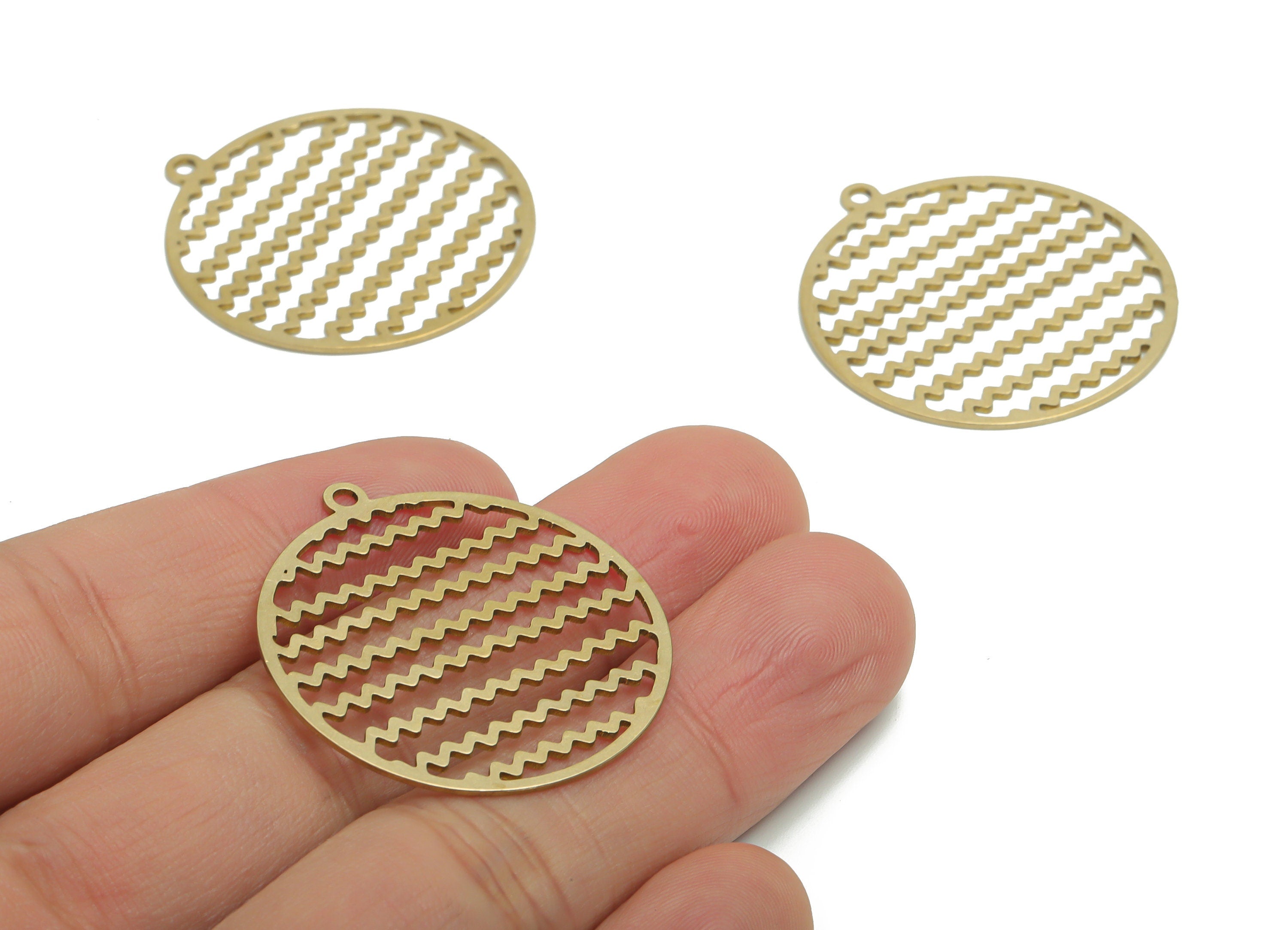 Brass Waves Round Earring Charms - Raw Brass Waves Circle Pendant - Jewelry Making Supplies - 35.64x33.02x0.7mm - PPA2244 - DOMEDBAZAAR