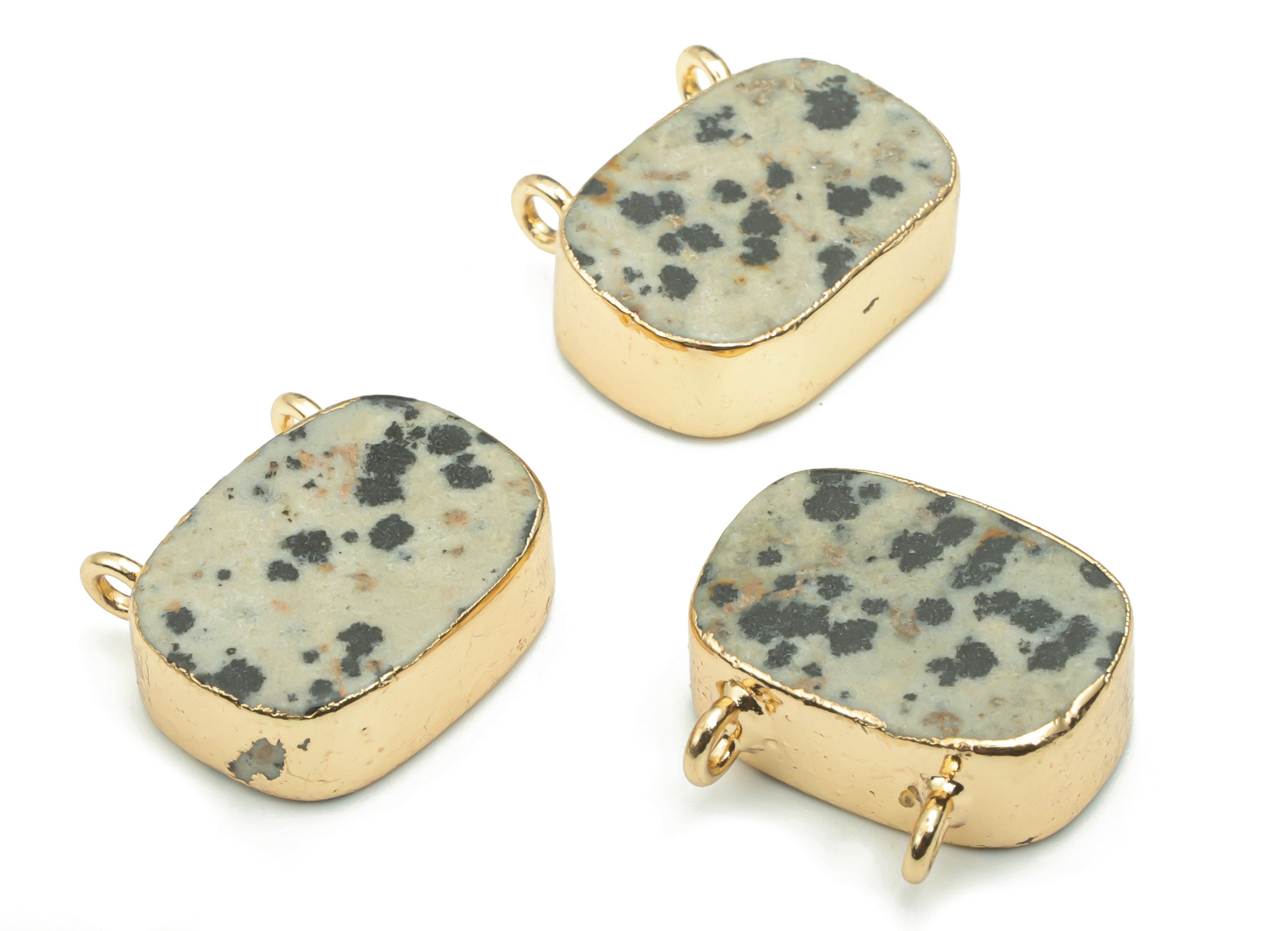 Dalmatian Jasper Faceted Natural Stone Earring Connectors - Brass Rectangle Charms - Gold Tone Plated Brass – 18.3x16.23x6.84mm – NS1664 - DOMEDBAZAAR