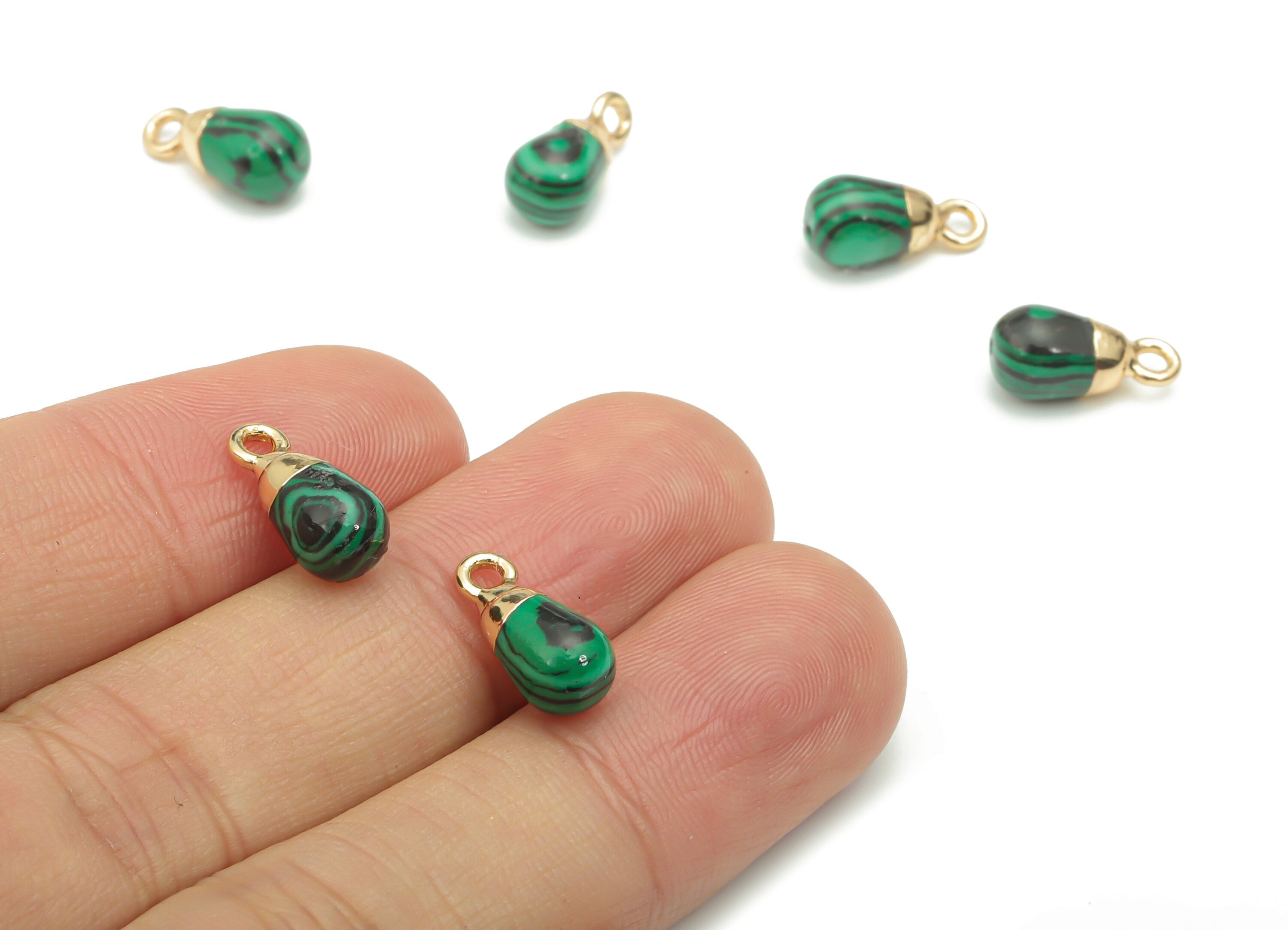 BImitation Malachite Natural Stone Drop Charms - Brass Beads Pendant - Gold Tone Plated Brass – Jewelry Supplies - 13.39x6.3x6.3mm – NS1645H - DOMEDBAZAAR