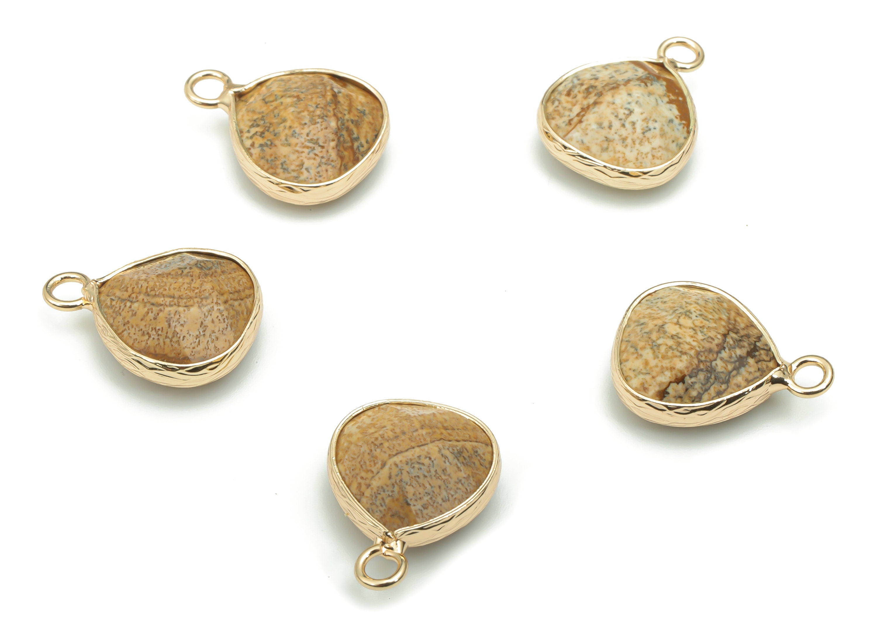 Picture Jasper Faceted Natural Stone Triangle Earring Charms - Brass Triangle Pendant - Gold Tone Plated Brass – 17.82x13.5x6.06mm – NS1638A - DOMEDBAZAAR