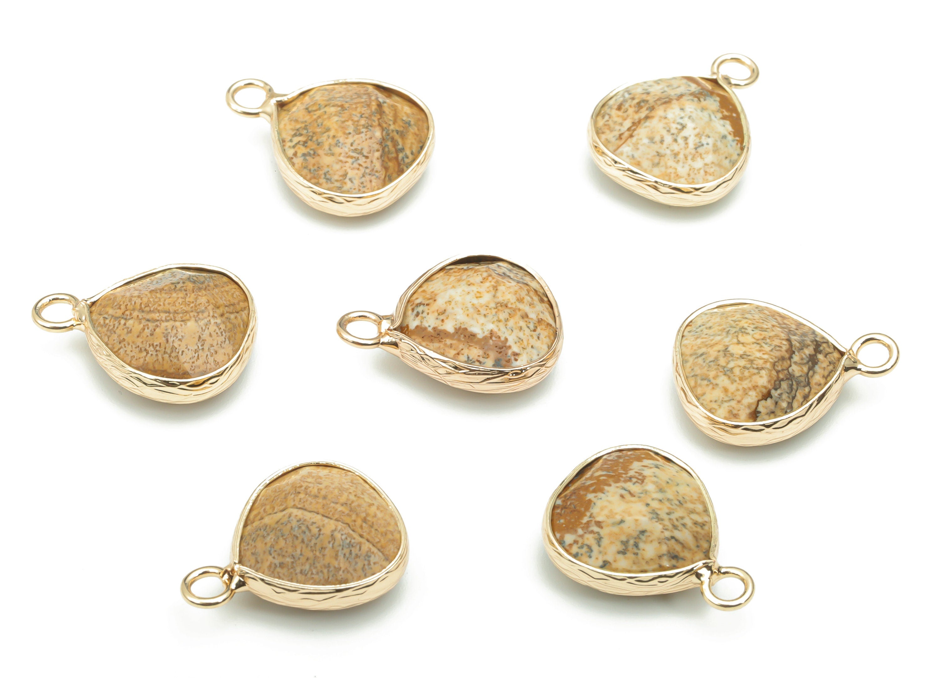 Picture Jasper Faceted Natural Stone Triangle Earring Charms - Brass Triangle Pendant - Gold Tone Plated Brass – 17.82x13.5x6.06mm – NS1638A - DOMEDBAZAAR
