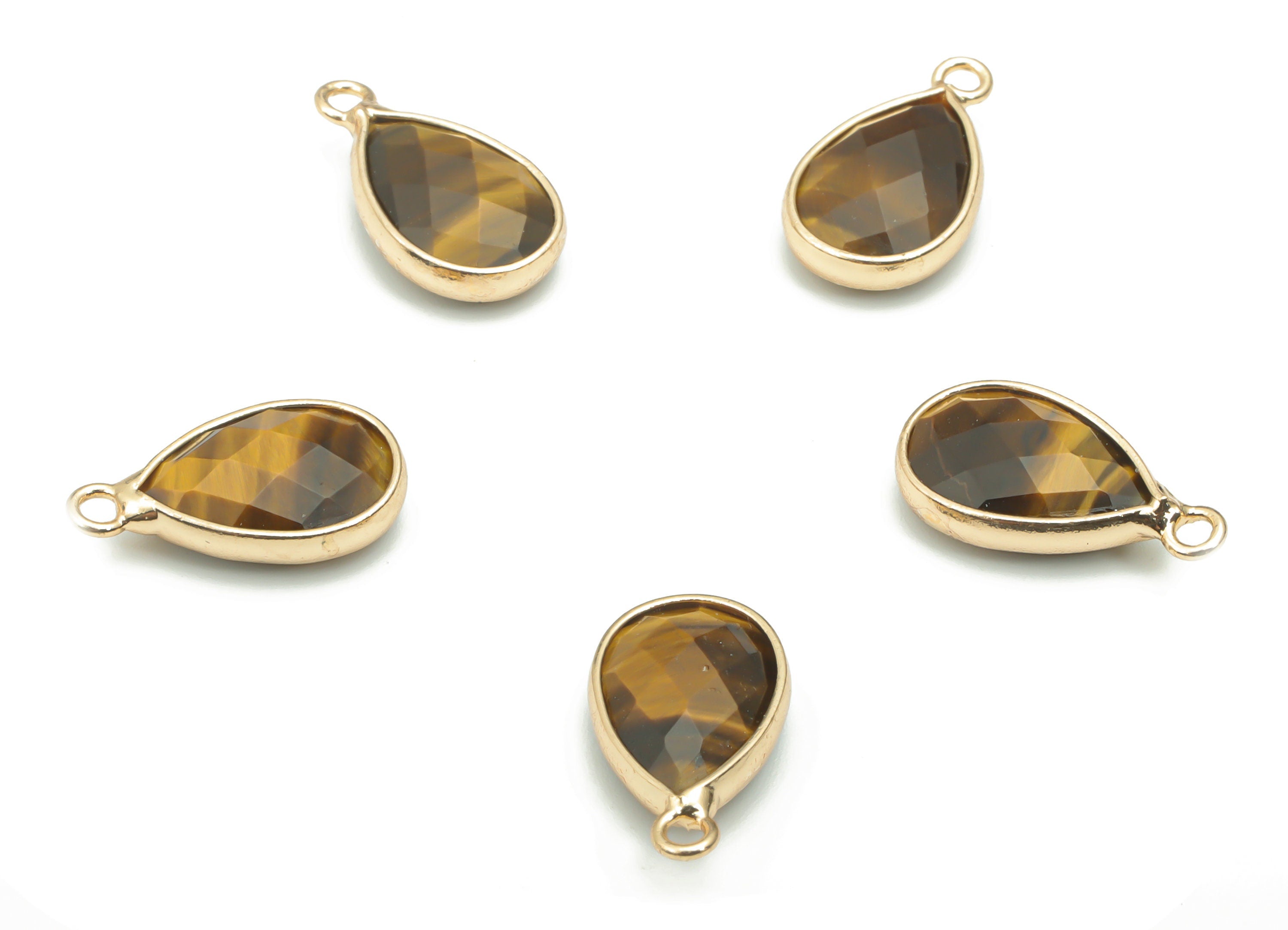 Tiger eye Faceted Natural Stone Teardrop Charms - Brass Drop Pendant - Gold Tone Plated Brass – Jewelry Supplies - 15.99x9.14x4.4mm– NS1660B - DOMEDBAZAAR