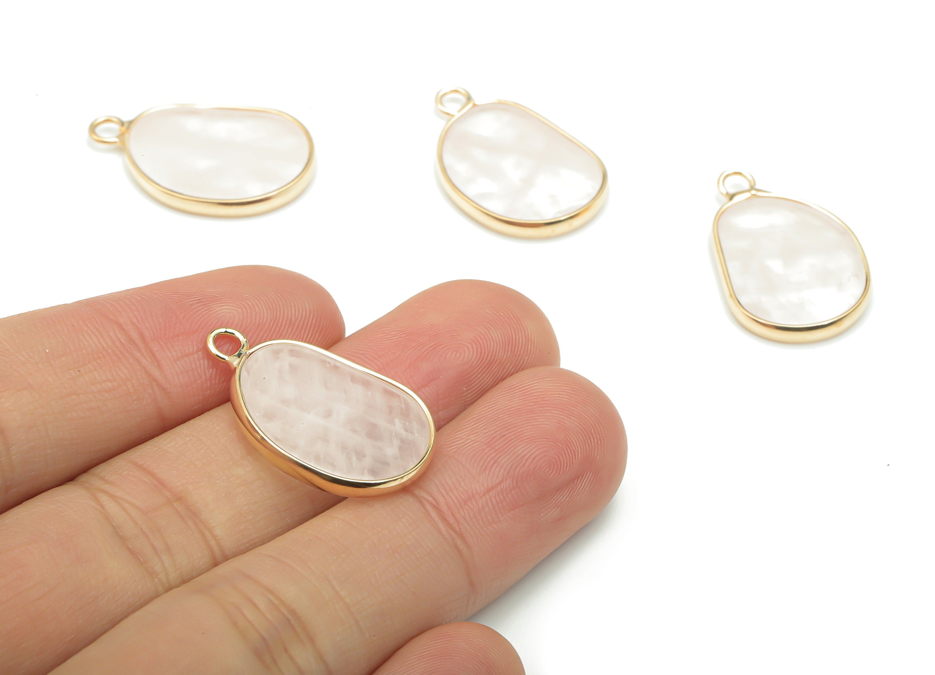 Rose Quartz Natural Stone Bean Charms - Brass Irregular Pendant - Gold Tone Plated Brass – Jewelry Supplies - 25.09x15.67x2.6mm – NS1657B - DOMEDBAZAAR