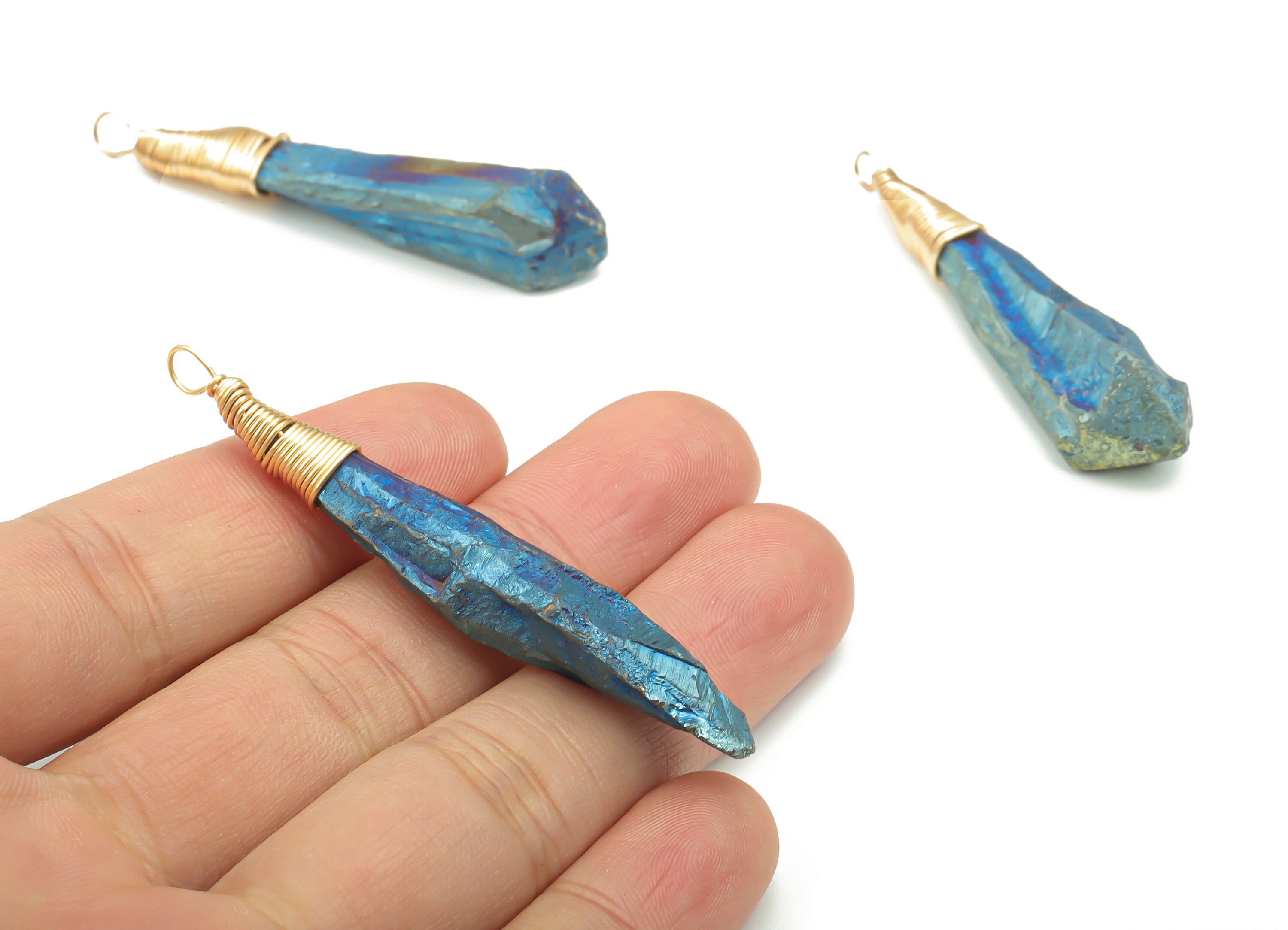 Blue Aura Quartz Stone Earring Charms - Brass Wire Wrapped Stone Pendant - Natural Stone - Gold Tone Plated Brass – 58.76x11.9x11.9mm–NS1650 - DOMEDBAZAAR