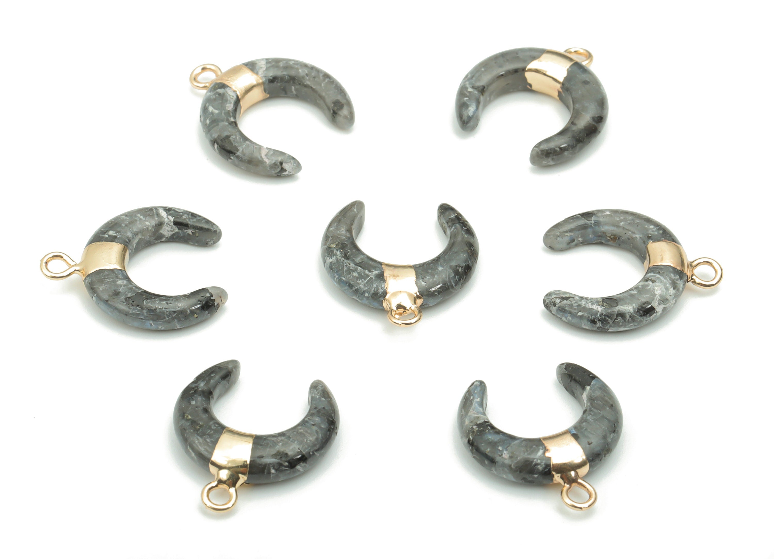 Larvikite Natural Stone Ox Horn Earring Charms - Brass Crescent Pendant - Gold Tone Plated Brass – Jewelry Supplies - 16.9x14.8x4mm –NS1628E - DOMEDBAZAAR