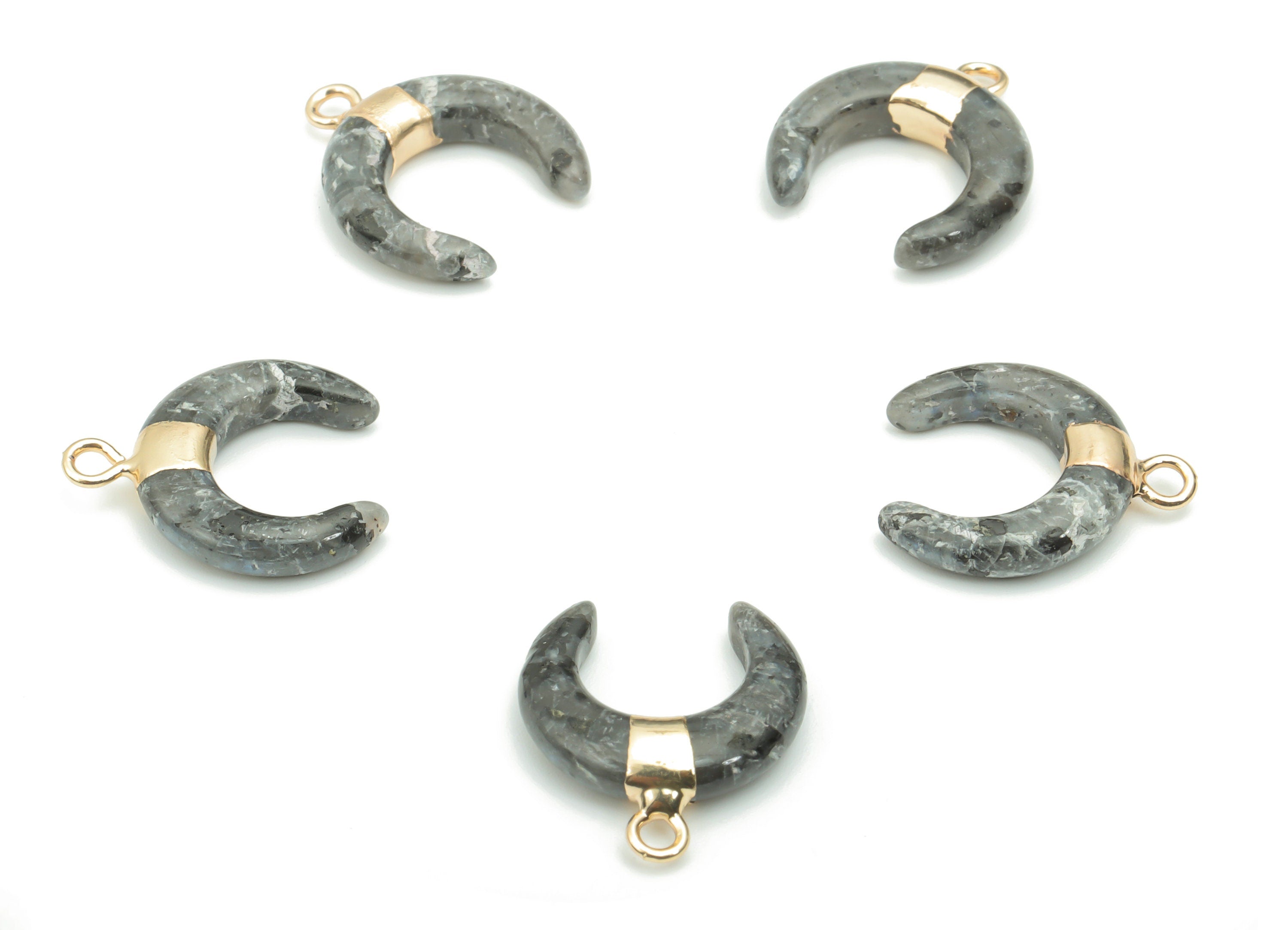 Larvikite Natural Stone Ox Horn Earring Charms - Brass Crescent Pendant - Gold Tone Plated Brass – Jewelry Supplies - 16.9x14.8x4mm –NS1628E - DOMEDBAZAAR