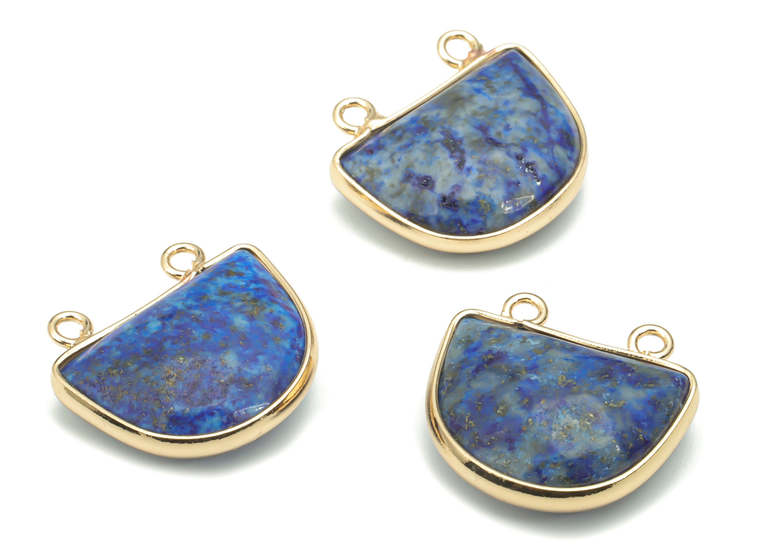 Lapis Lazuli Natural Stone Domed Earring Connectors - Brass Semicircle Pendant - Gold Tone Plated Brass – 16.82x17.63x6.27mm – NS1658D - DOMEDBAZAAR
