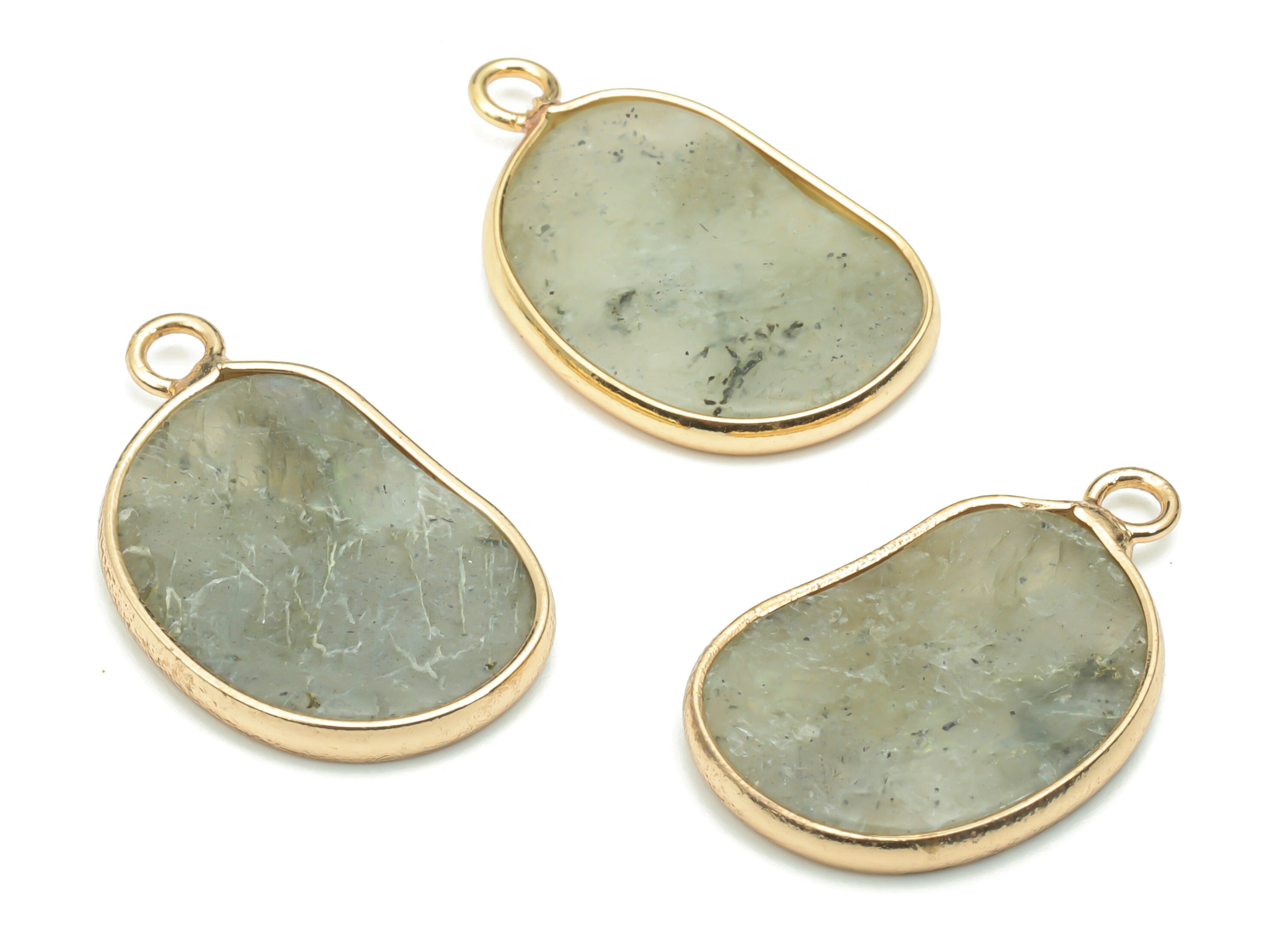 Labradorite Natural Stone Bean Charms - Brass Irregular Pendant - Gold Tone Plated Brass – Jewelry Supplies - 25.43x15.31x2.32mm – NS1657E - DOMEDBAZAAR