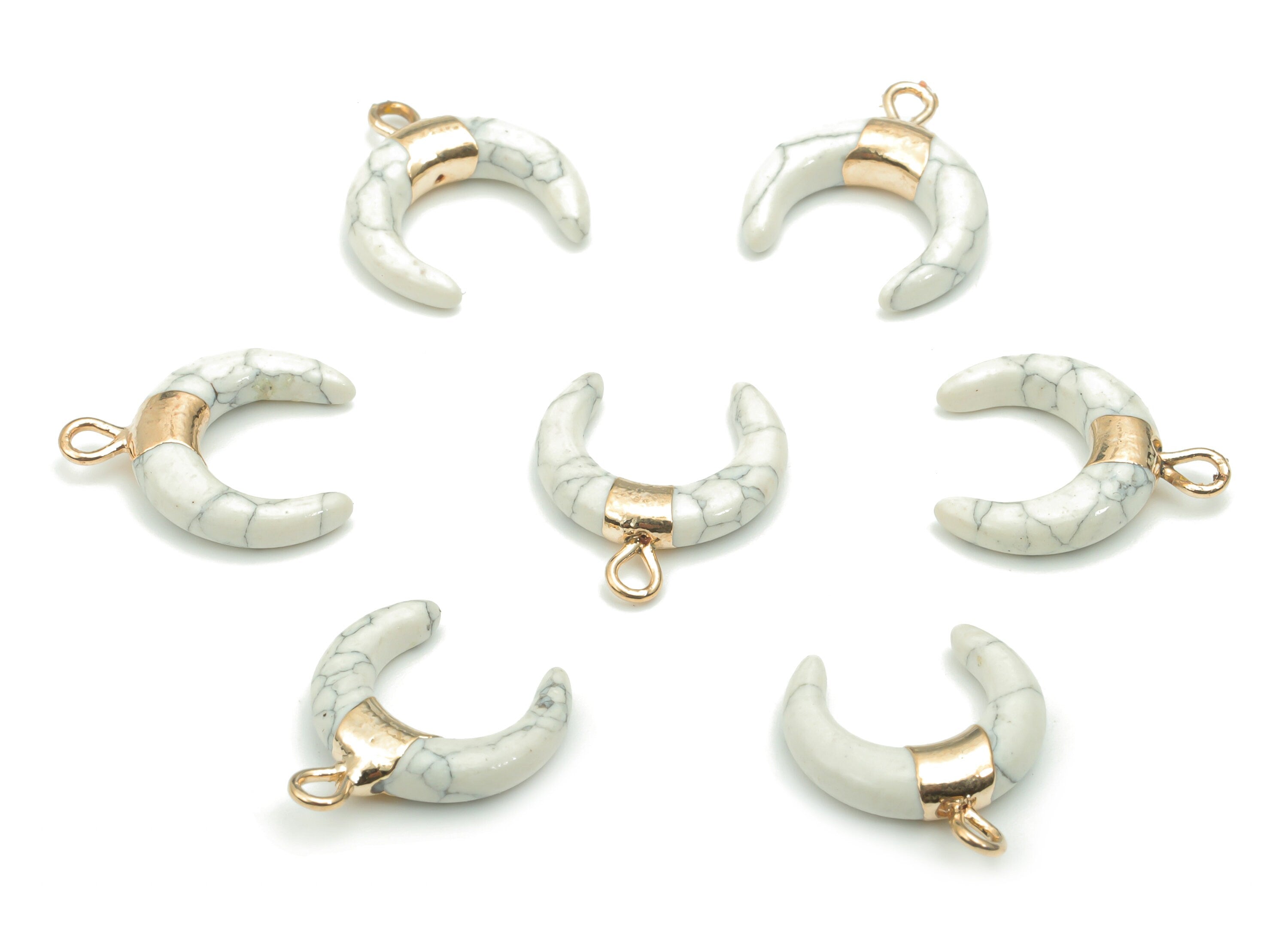 Howlite Natural Stone Ox Horn Earring Charms - Brass Crescent Pendant - Gold Tone Plated Brass – Jewelry Supplies - 16.9x14.8x3.8mm– NS1628A - DOMEDBAZAAR
