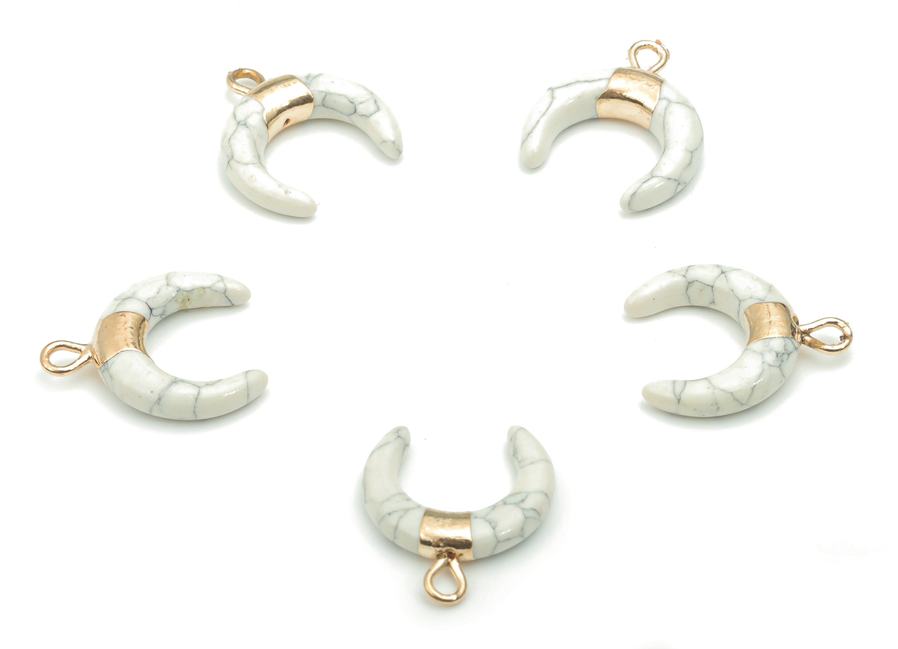 Howlite Natural Stone Ox Horn Earring Charms - Brass Crescent Pendant - Gold Tone Plated Brass – Jewelry Supplies - 16.9x14.8x3.8mm– NS1628A - DOMEDBAZAAR