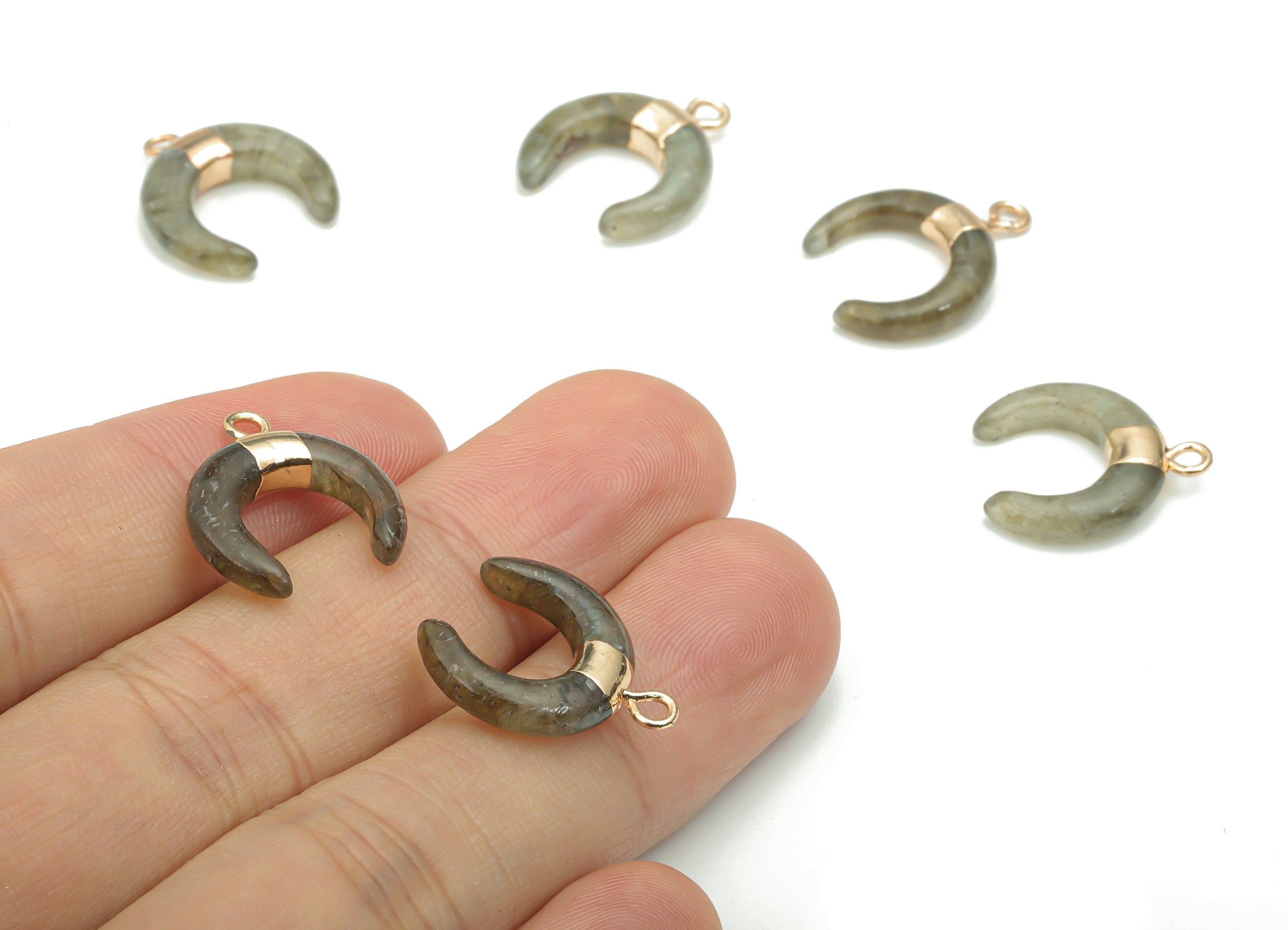 Labradorite Natural Stone Ox Horn Charms - Brass Crescent Pendant - Gold Tone Plated Brass – Jewelry Supplies - 16.92x14.84x3.84mm – NS1628C - DOMEDBAZAAR